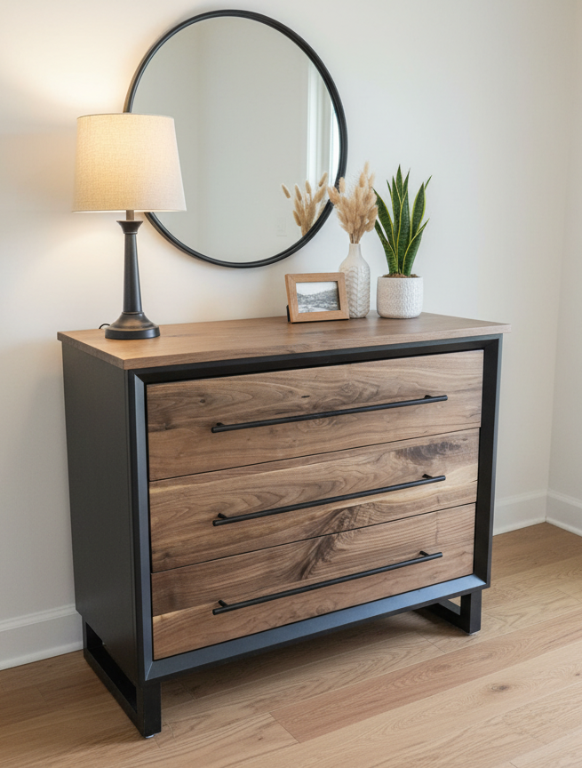 small 3 drawer dresser/nightstand with real walnut shown in black with steel legs (other options available) 34w x 30t x 16d