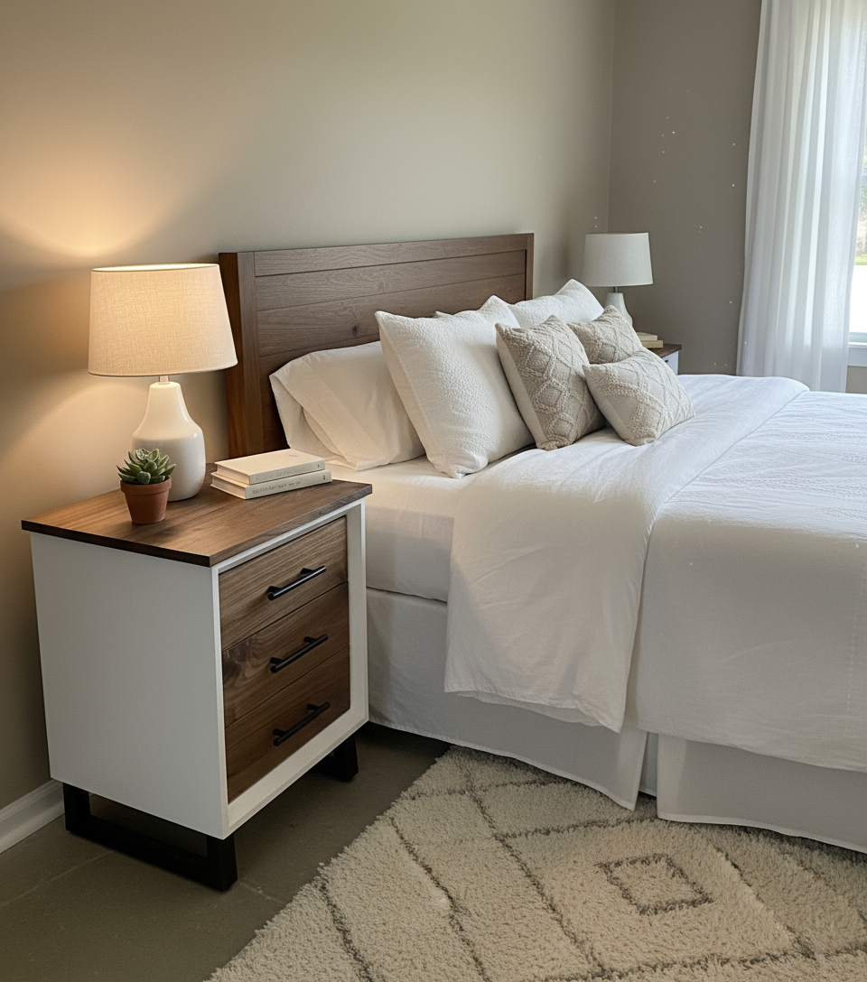 Handcrafted to order. 3 drawer nightstand in a white finish with real walnut fronts and top.