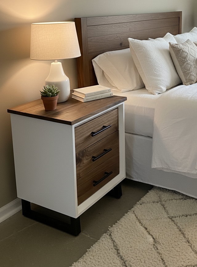 Handcrafted to order. 3 drawer nightstand in a white finish with real walnut fronts and top.