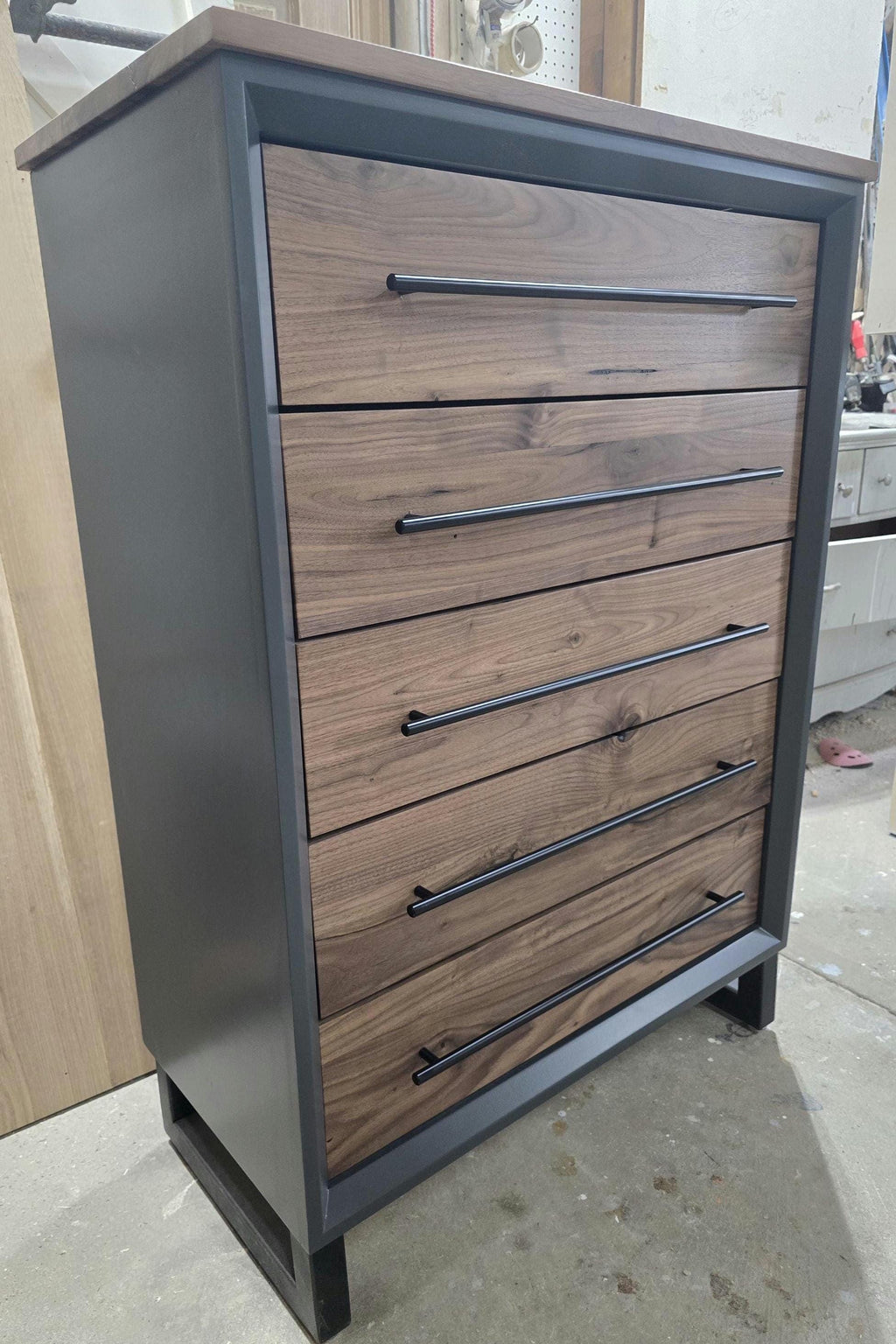 Handcrafted Modern Industrial Chest of Drawers in walnut 42t x 30w x 18d with Steel Legs and Adjustable Feet