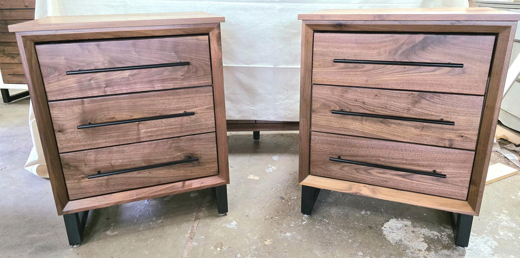 handmade pair of 24w x 30t x 18d walnut 3 drawer nightstand in modern industrial style