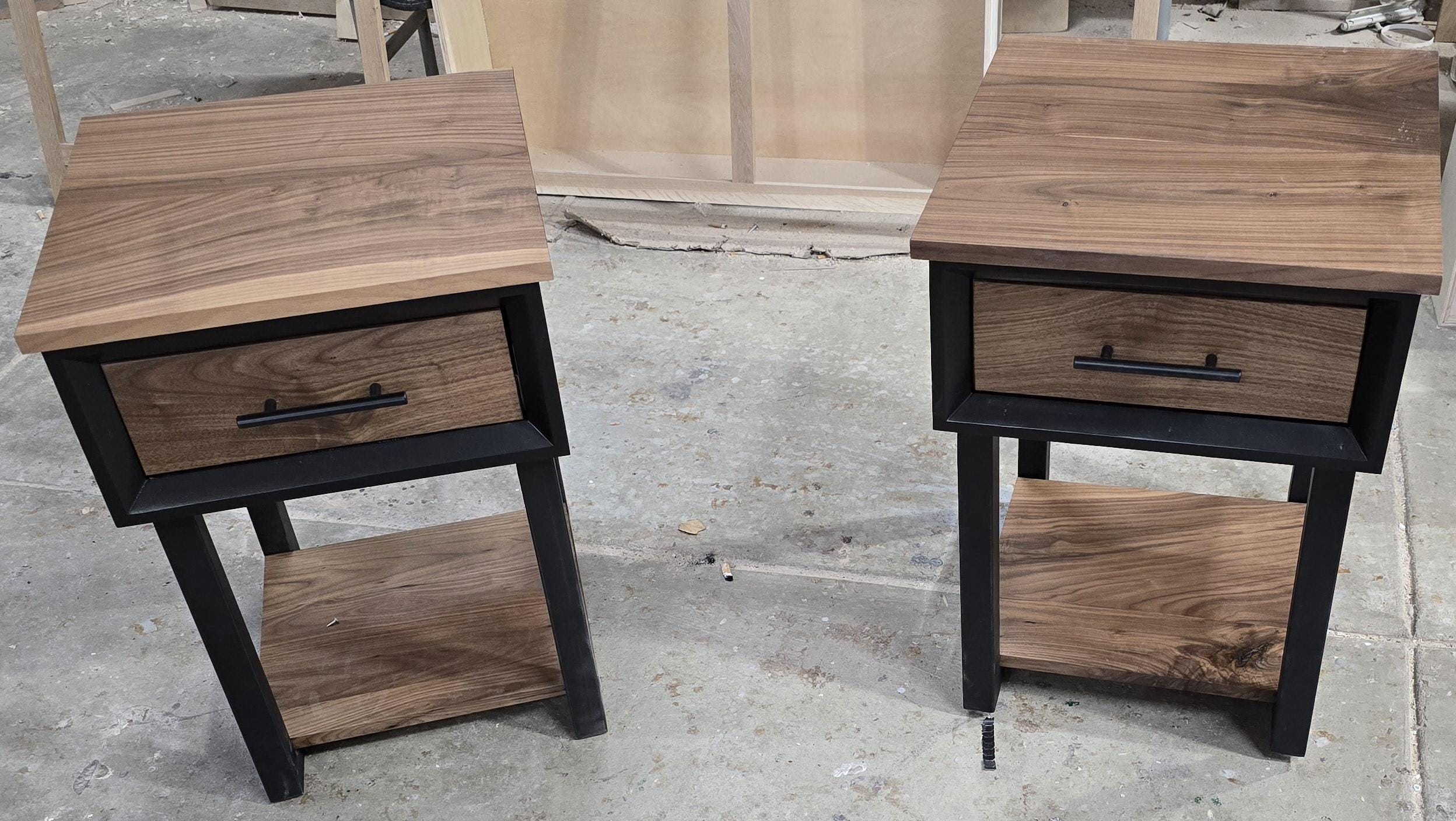 handcrafted modern bedroom sets (dresser and nightstands) in walnut or white oak in dark Grey or white on steel legs starting at 1200.00