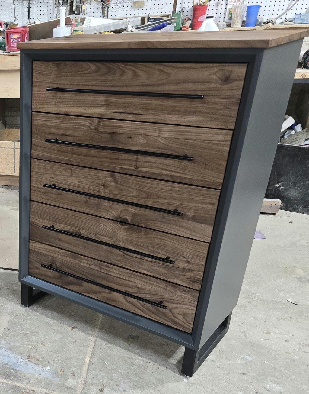 Handcrafted Modern Industrial Chest of Drawers in walnut 42t x 30w x 18d with Steel Legs and Adjustable Feet
