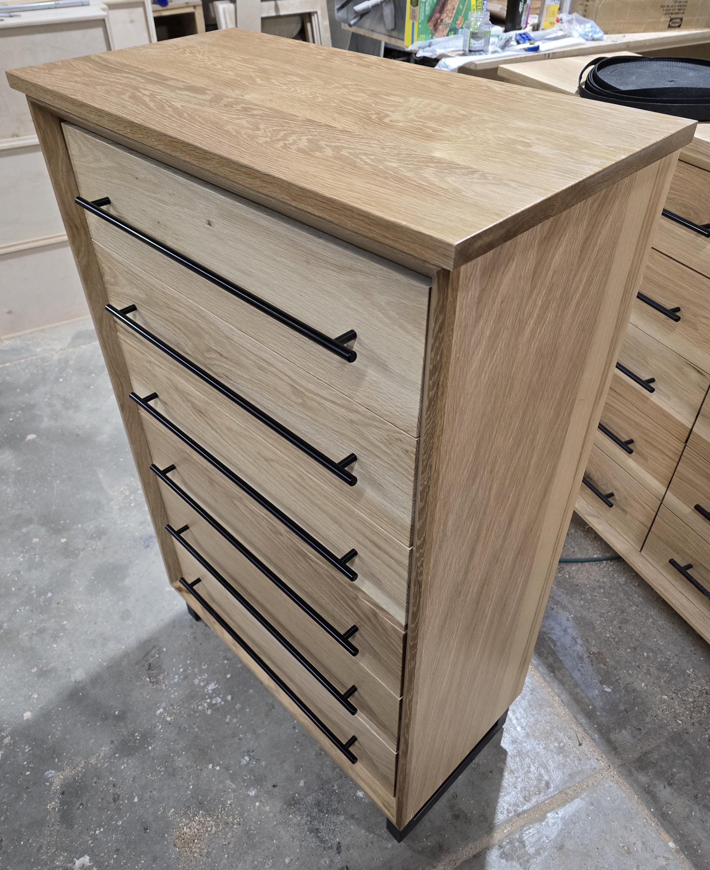 handcrafted Modern Industrial 6 drawer Chest of drawers in white oak 49t x 30w x 15d with Steel Legs and Adjustable Feet