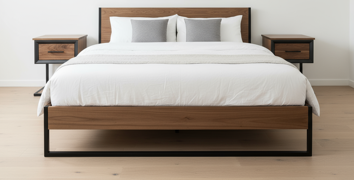 Handcrafted 16x16 single drawer modern nightstands in black with real walnut and bottom shelf on steel legs