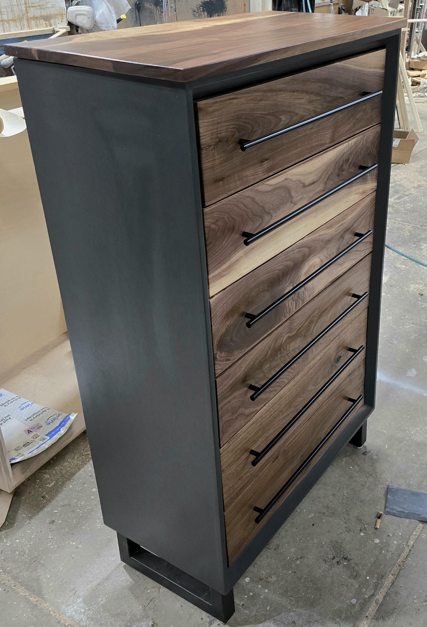 Handcrafted Modern Industrial 6 drawer Chest of Drawers in walnut 49t x 30w x 18d with Steel Legs and Adjustable Feet