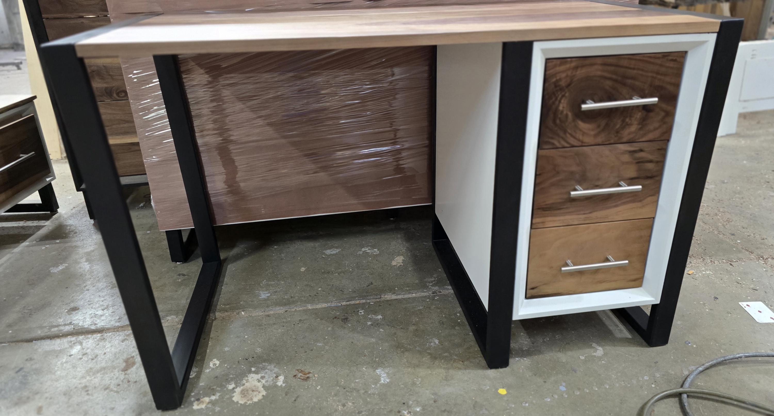 4ft wide 3 drawer modern desk with real walnut top and steel legs (shown in white) variations available.