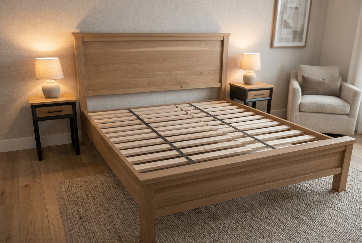 White oak platform bed with exposed slats and bedside lamps in a styled room scene