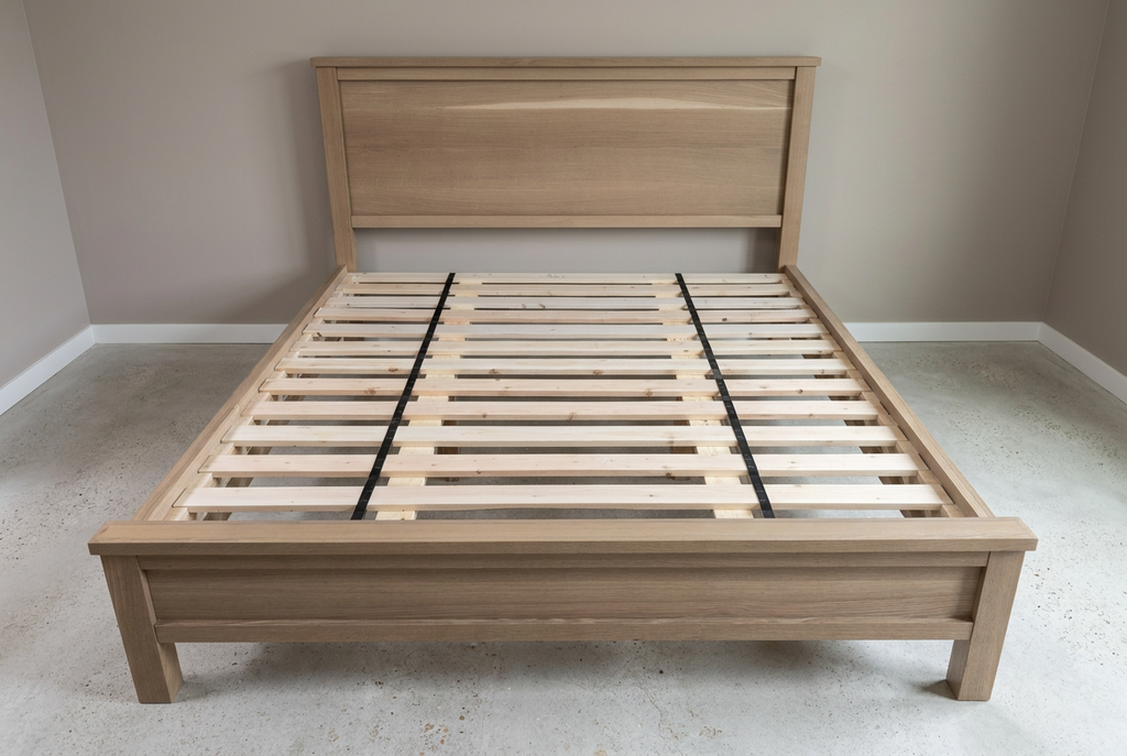Front view of white oak bed with panel headboard and exposed slat base in a room scene