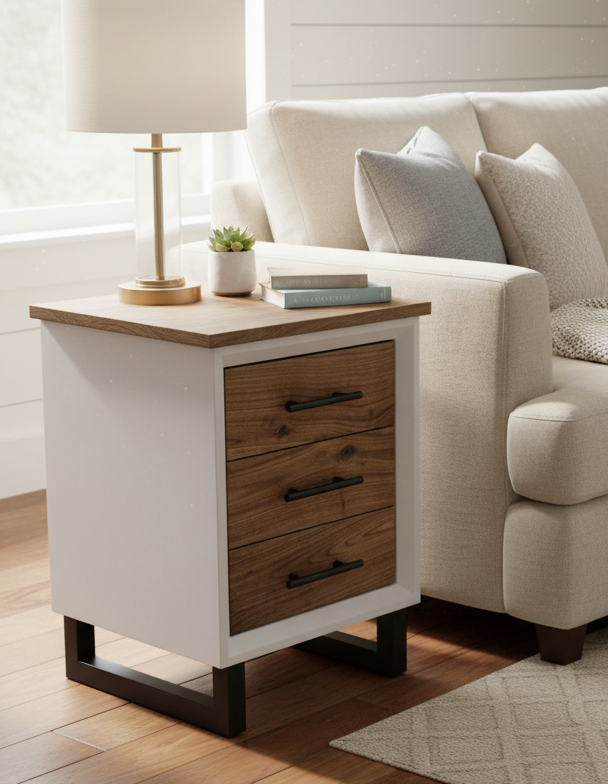 Handcrafted to order. 3 drawer nightstand in a white finish with real walnut fronts and top.