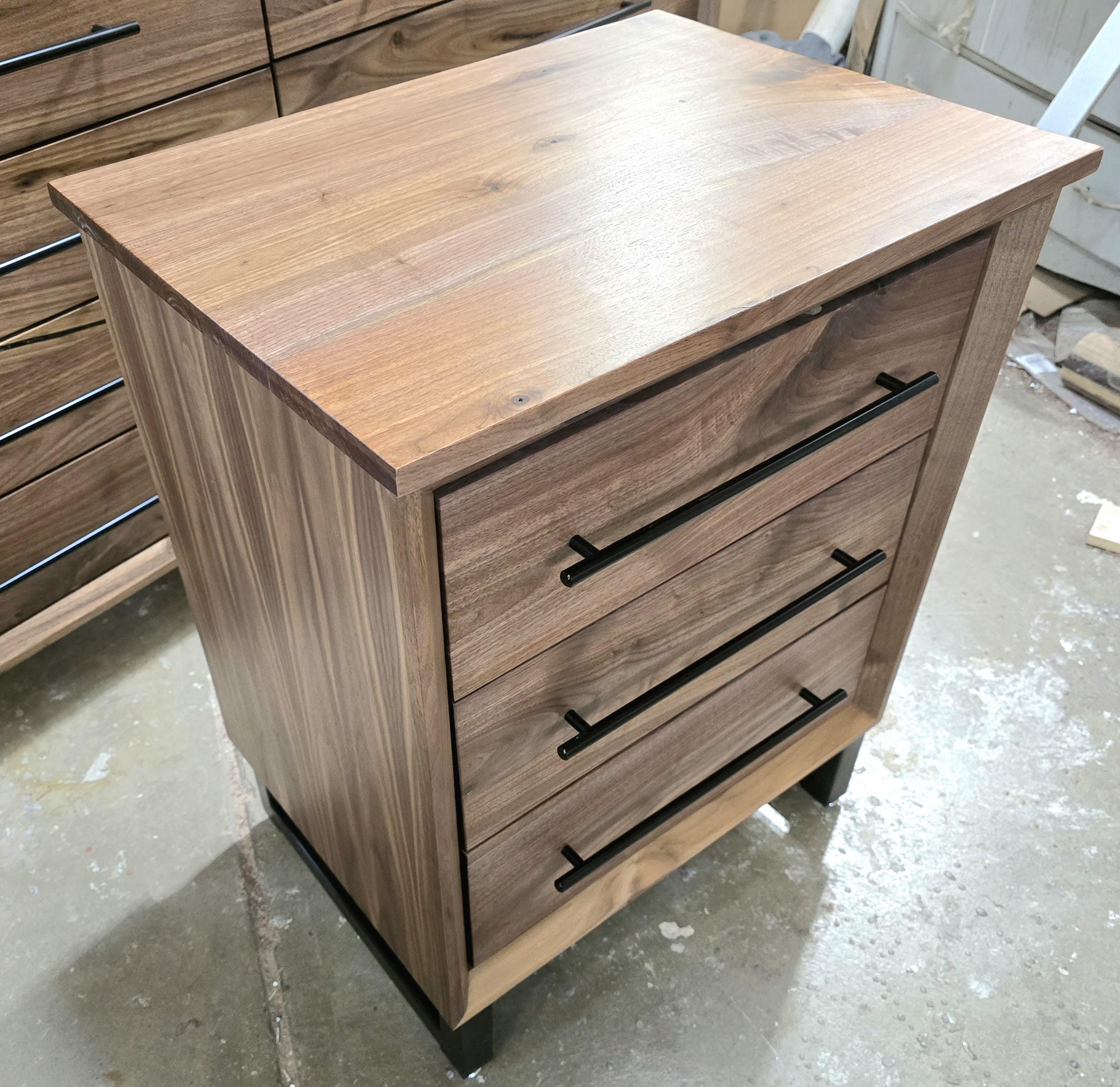 handmade pair of 24w x 30t x 18d walnut 3 drawer nightstand in modern industrial style
