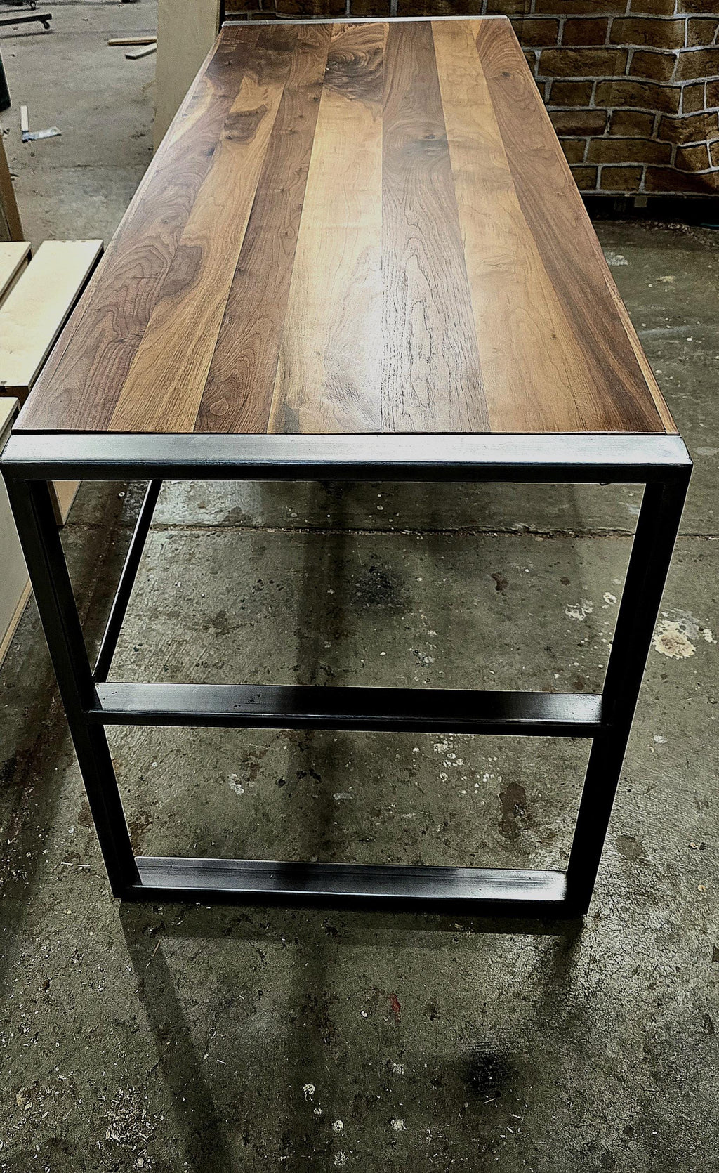 handcrafted modern industrial executive desk made with clear coated steel and natural real walnut 72w x 26d x 30t
