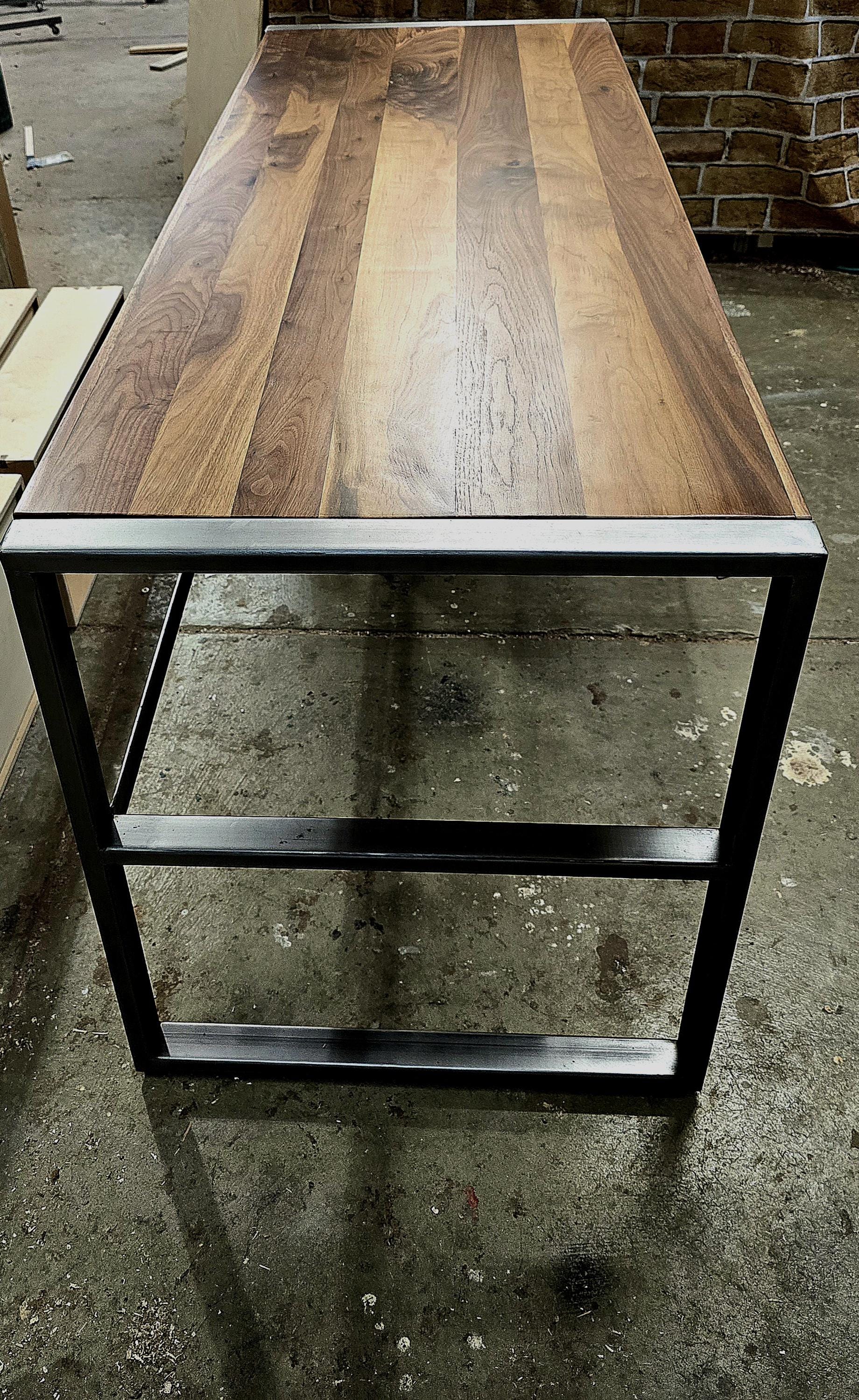 handcrafted modern industrial executive desk made with clear coated steel and natural real walnut 72w x 26d x 30t