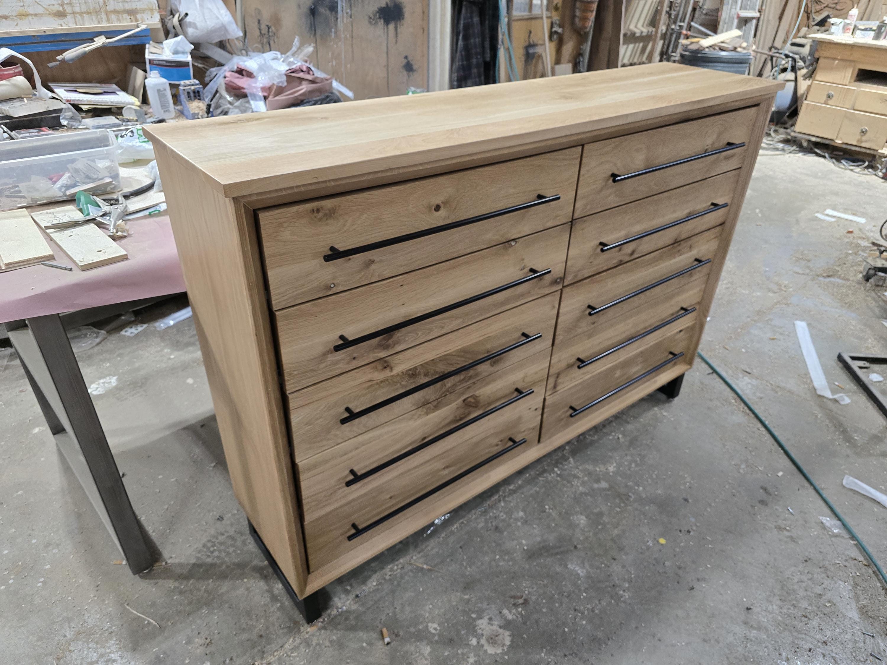 Hand Crafted 5 foot 42"tall 18 deep  10 Drawer Modern Industrial Dresser made of white oak on steel legs with adjustable feet