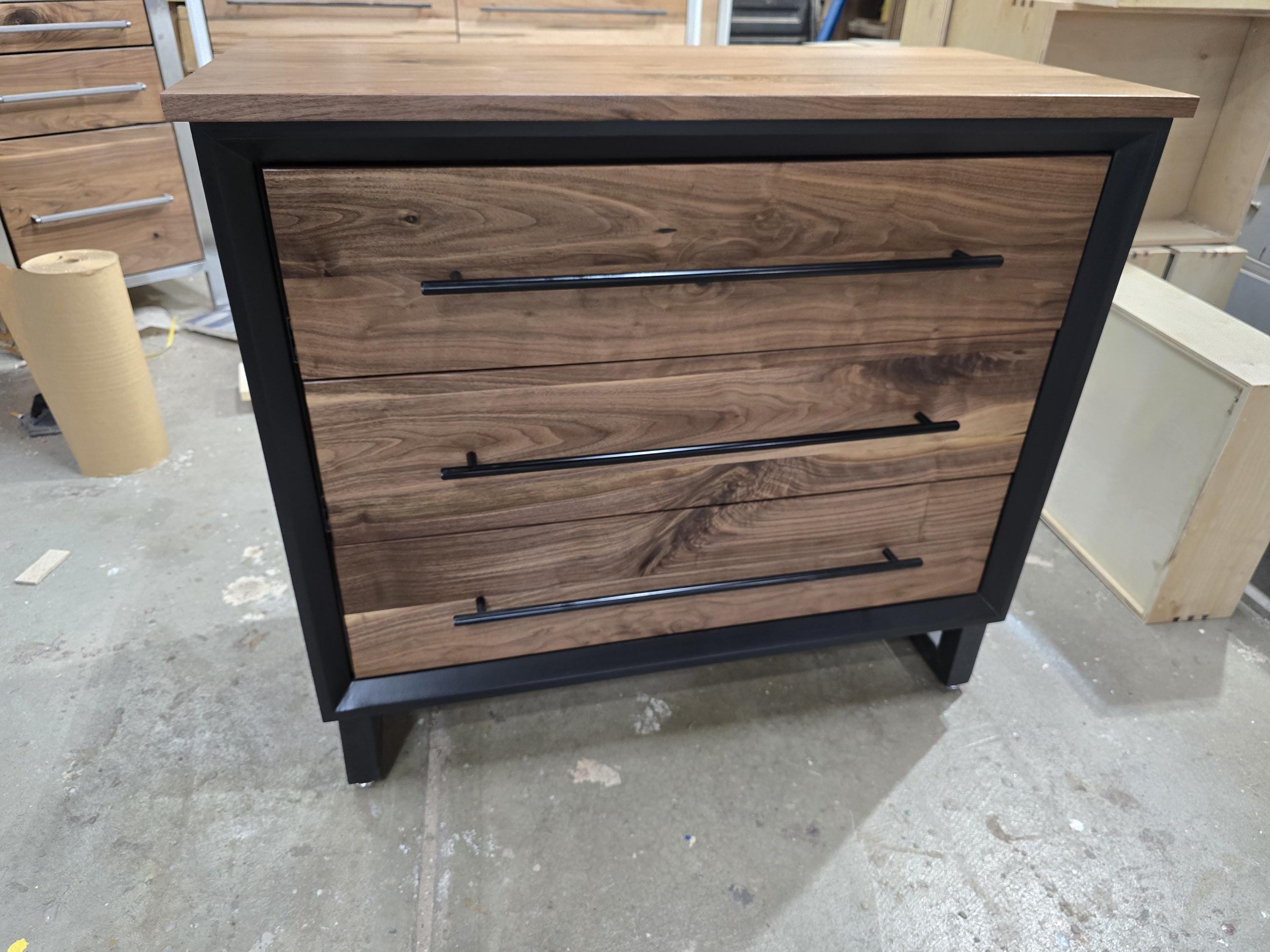 small 3 drawer dresser/nightstand with real walnut shown in black with steel legs (other options available) 34w x 30t x 16d