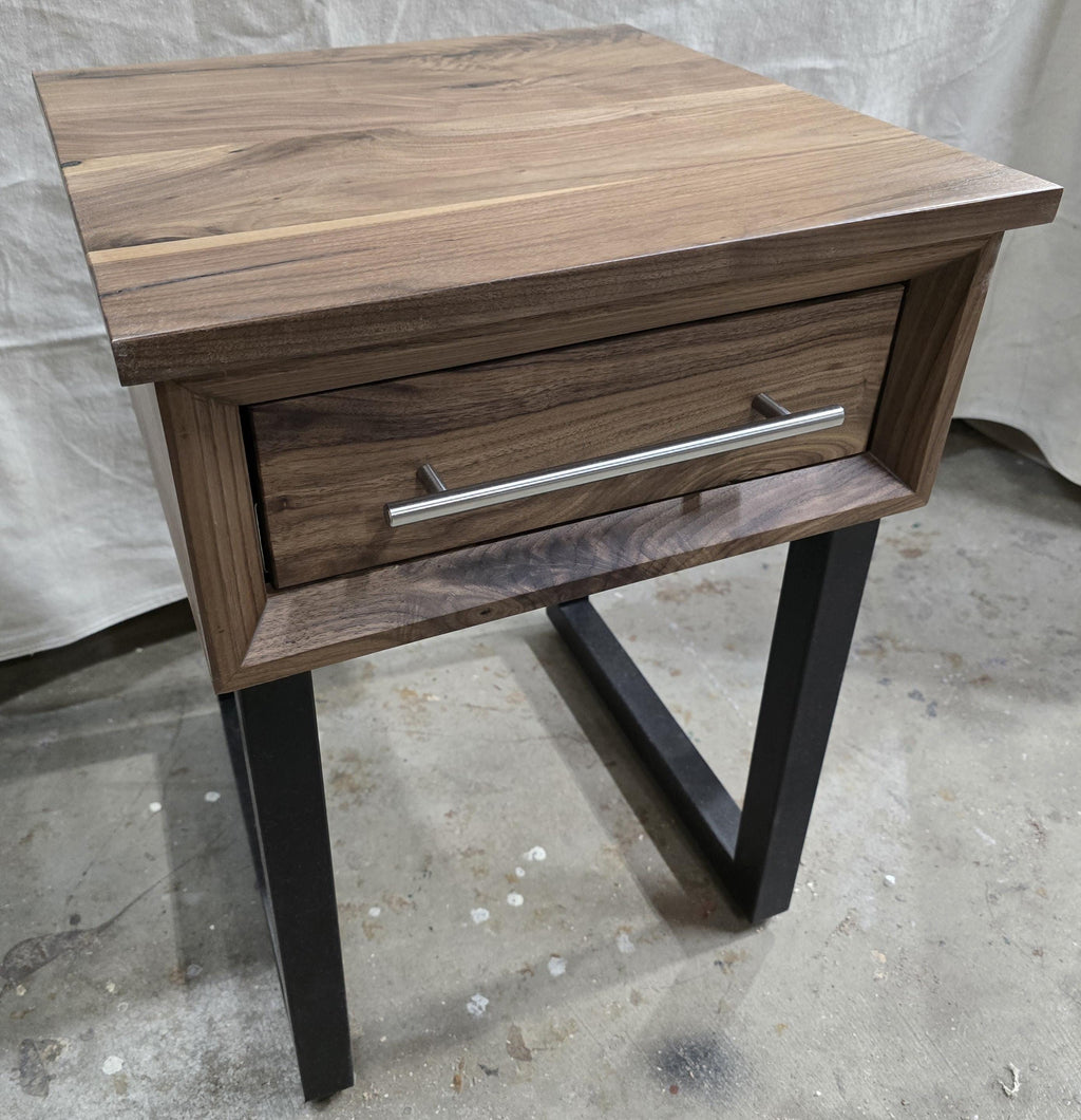 handmade 18 x 18 x 24t nightstands with white oak drawer front and top on steel legs