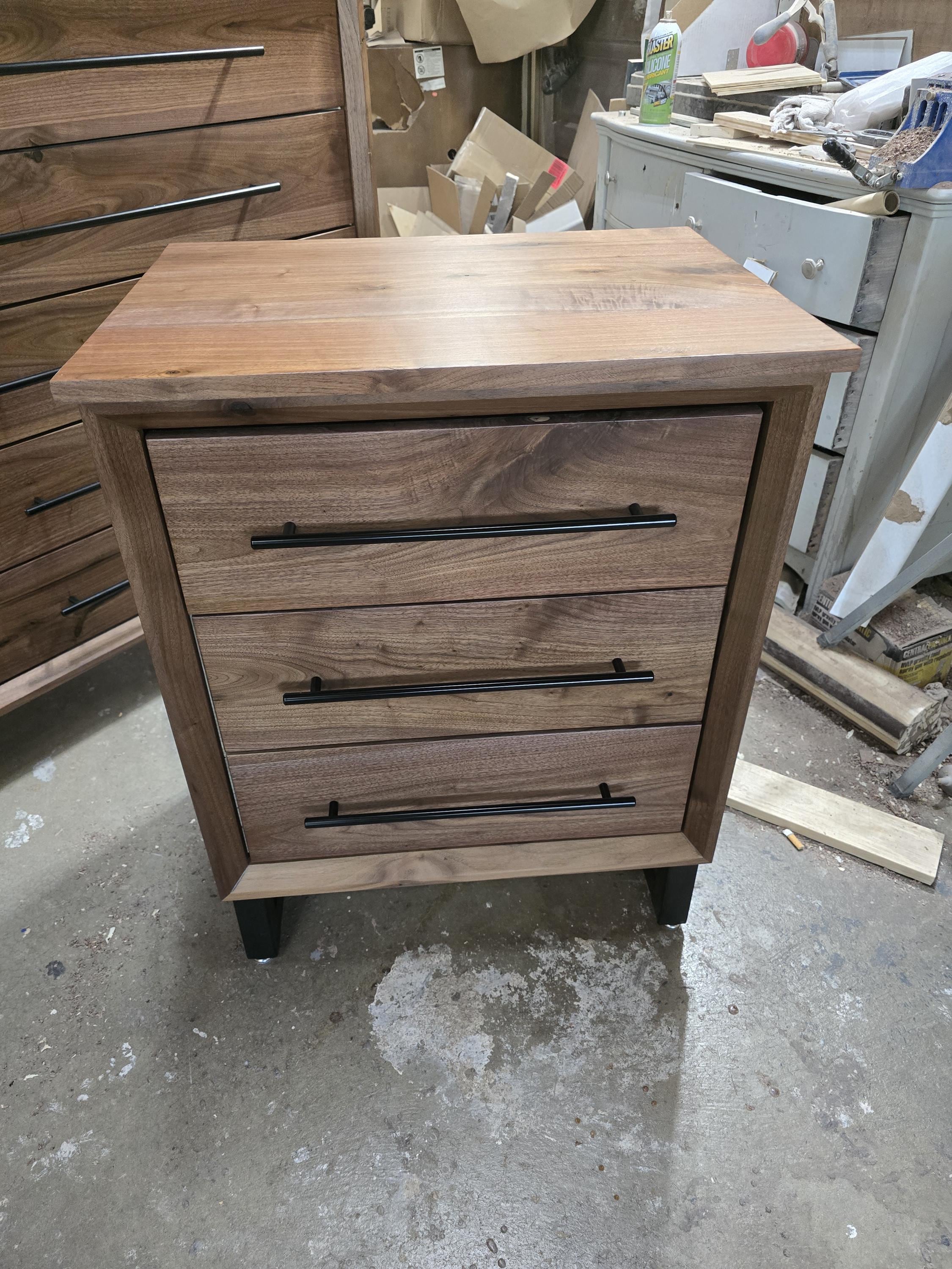 handmade pair of 24w x 30t x 18d walnut 3 drawer nightstand in modern industrial style