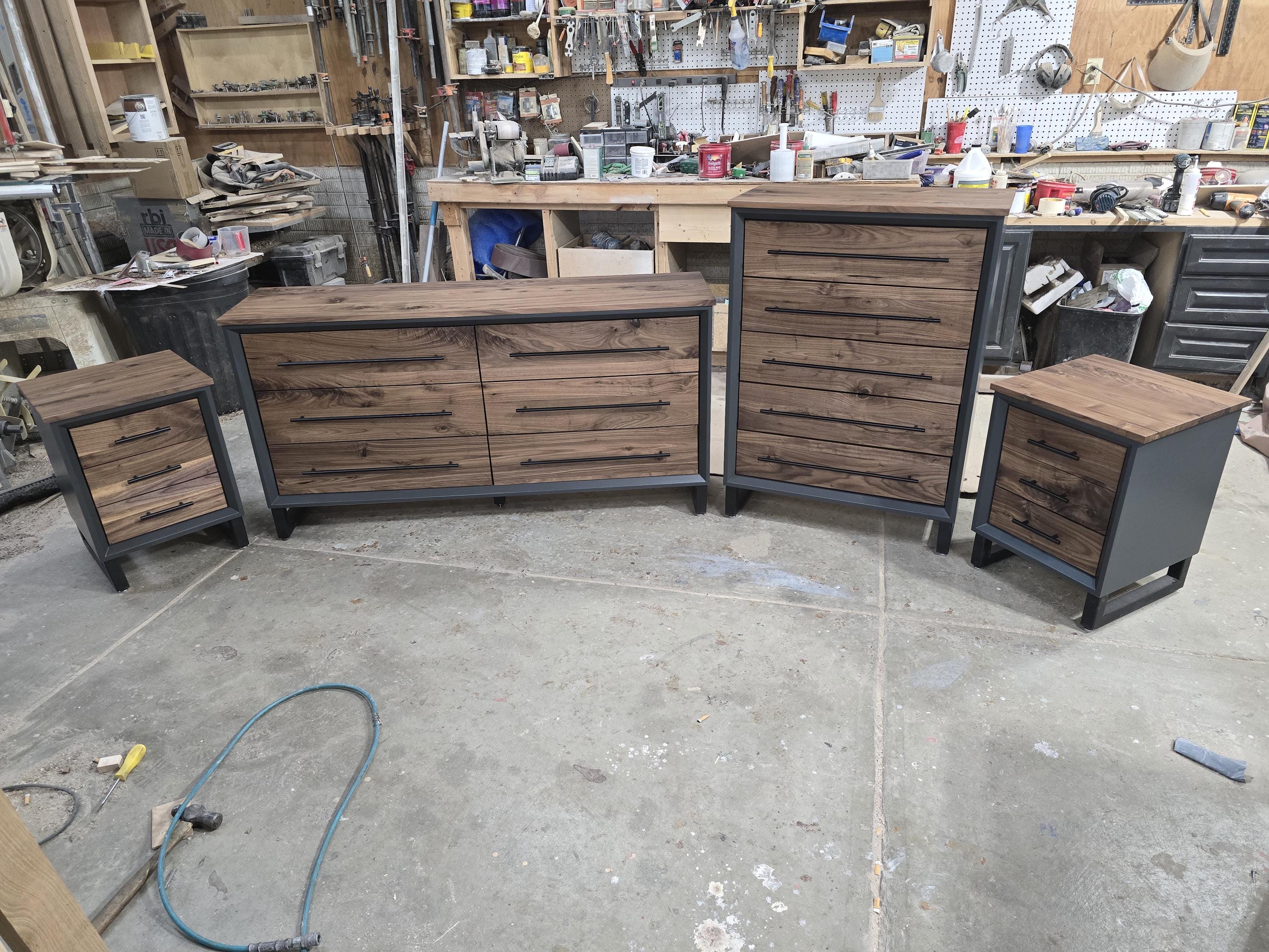 Hand Crafted to order 5 foot  6-Drawer Modern Industrial Dresser with real Walnut Drawer Faces and top