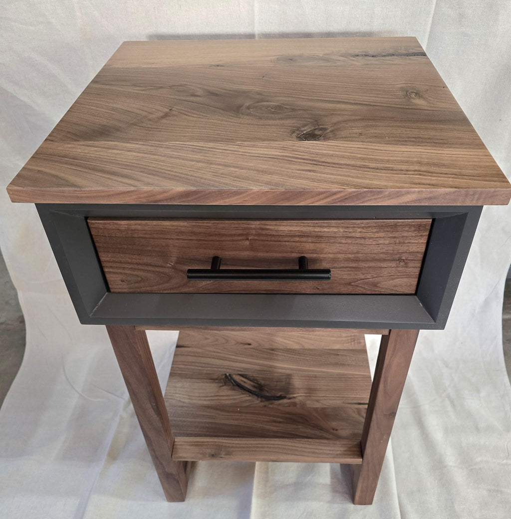 handcrafted single drawer nightstand with real walnut and iron painted shell