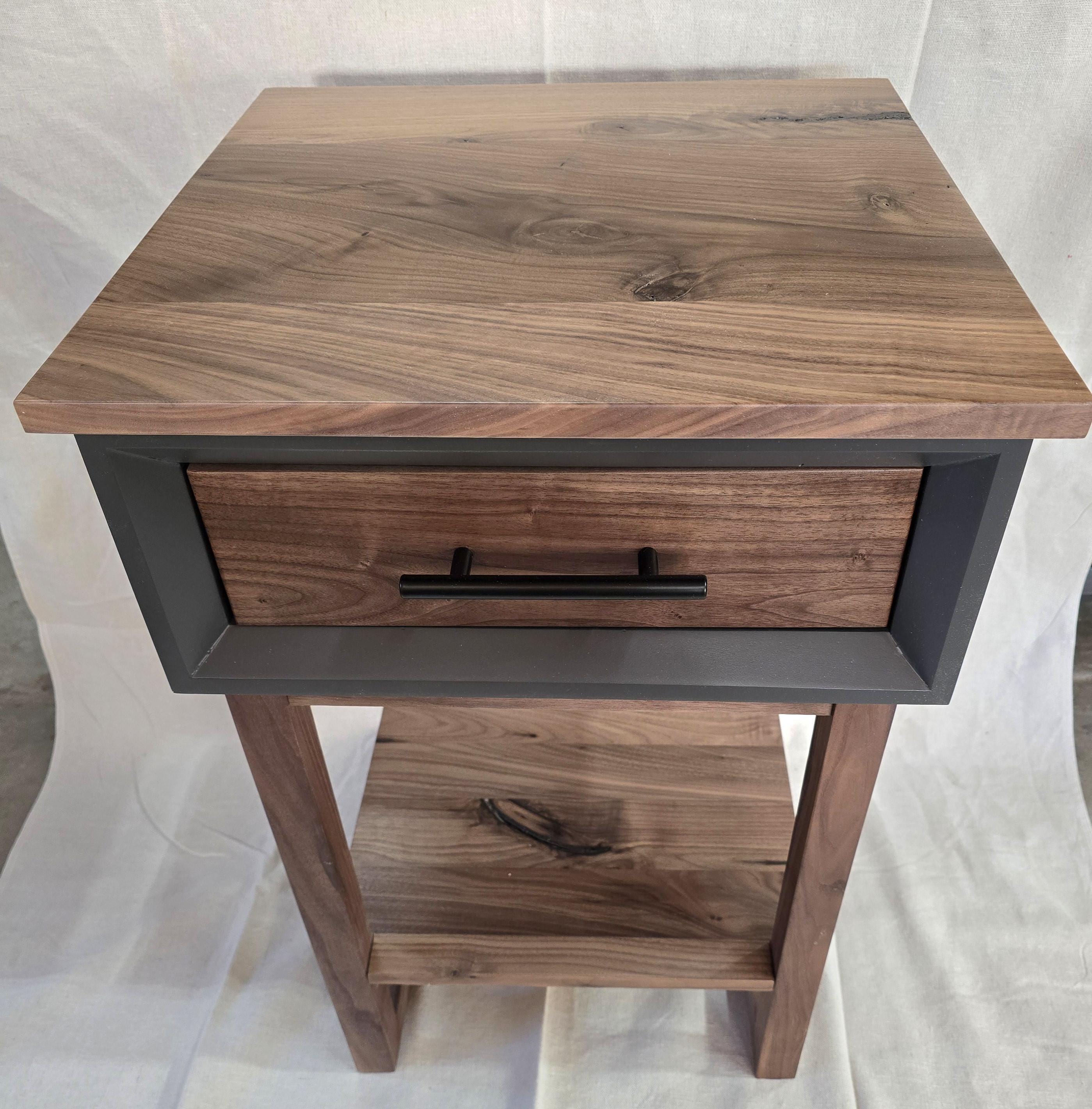 handcrafted single drawer nightstand with real walnut and iron painted shell