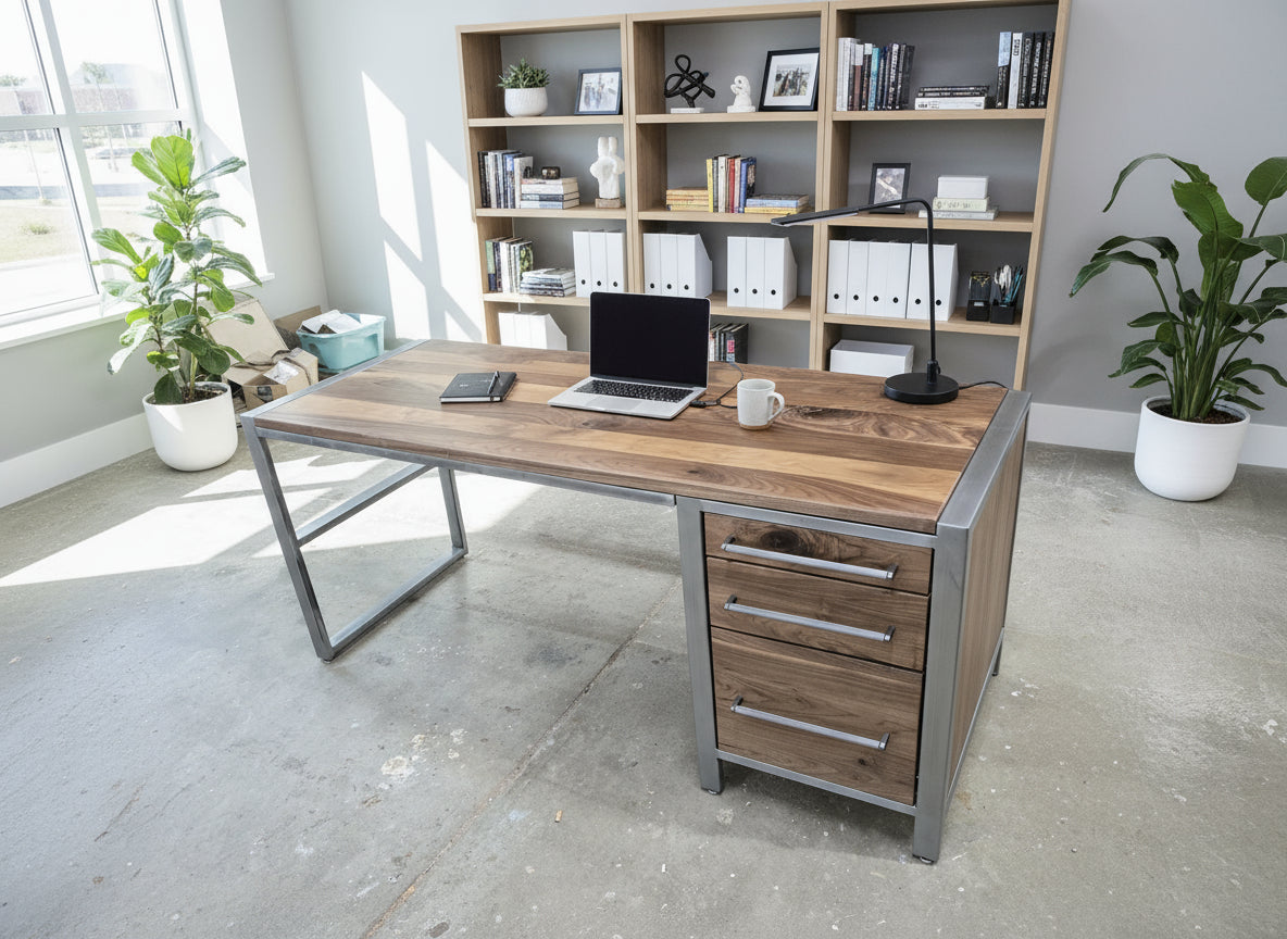 handcrafted modern industrial executive desk made with clear coated steel and natural real walnut 72w x 26d x 30t