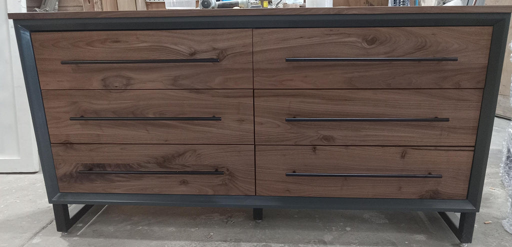 Hand Crafted to order 5 foot  6-Drawer Modern Industrial Dresser with real Walnut Drawer Faces and top