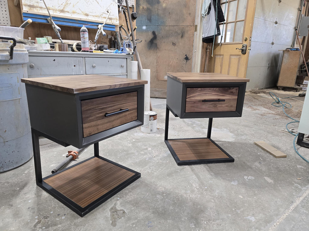 Handcrafted single drawer modern nightstands in black with real walnut and bottom shelf on steel legs