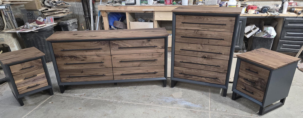 handcrafted modern bedroom sets (dresser and nightstands) in walnut or white oak in dark Grey or white on steel legs starting at 1200.00