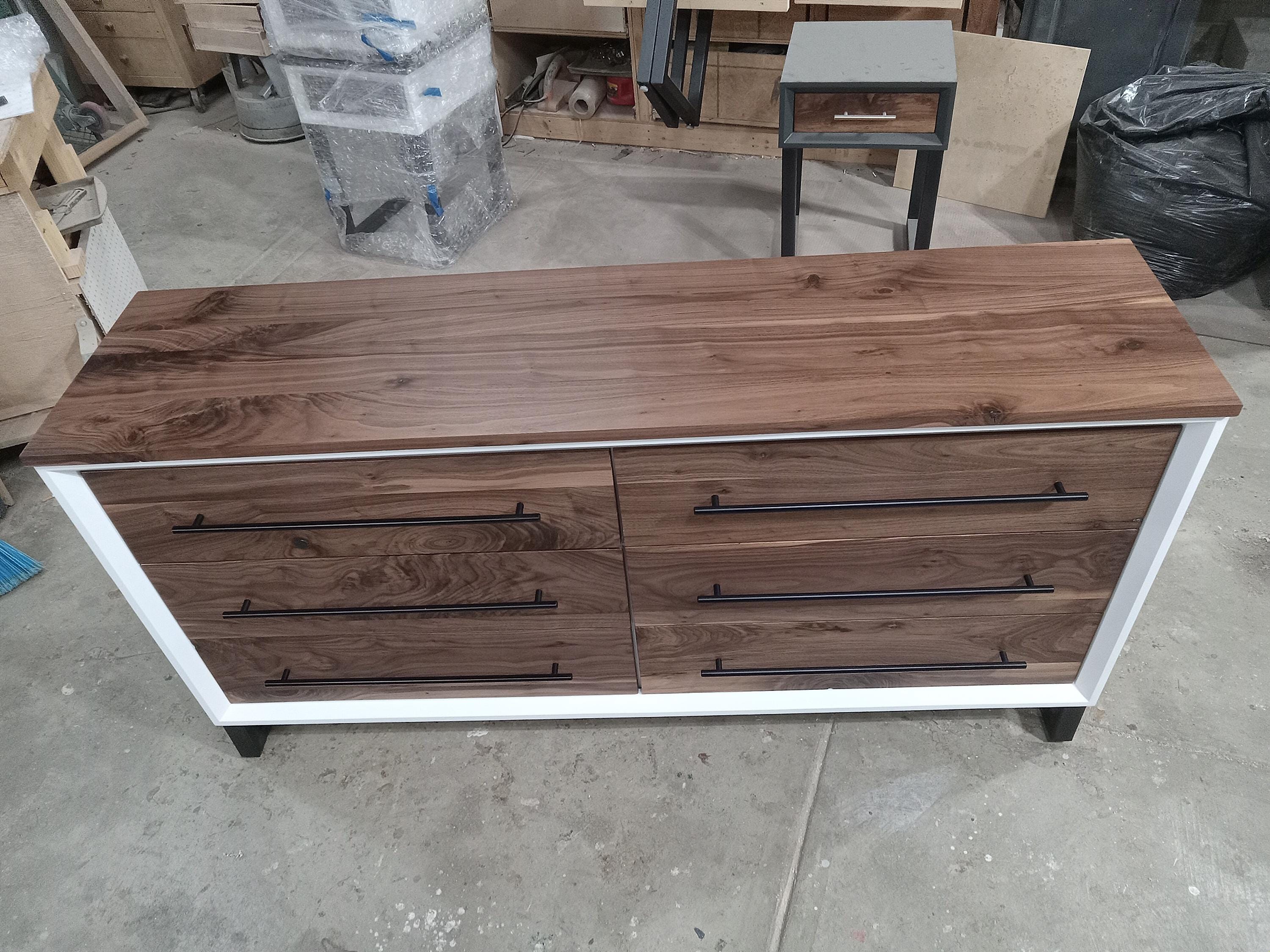 handcrafted white and real walnut face and top 60" 6 drawer dresser on steel legs