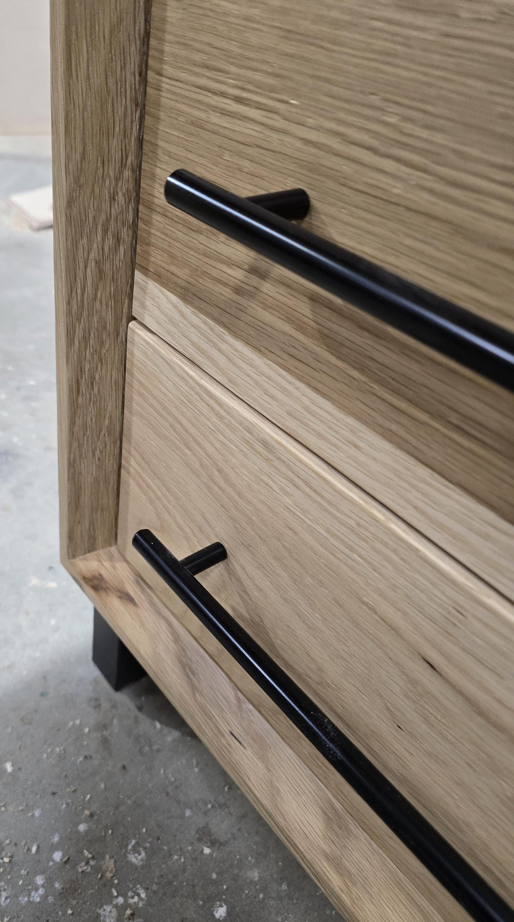 handcrafted Modern Industrial 6 drawer Chest of drawers in white oak 49t x 30w x 15d with Steel Legs and Adjustable Feet