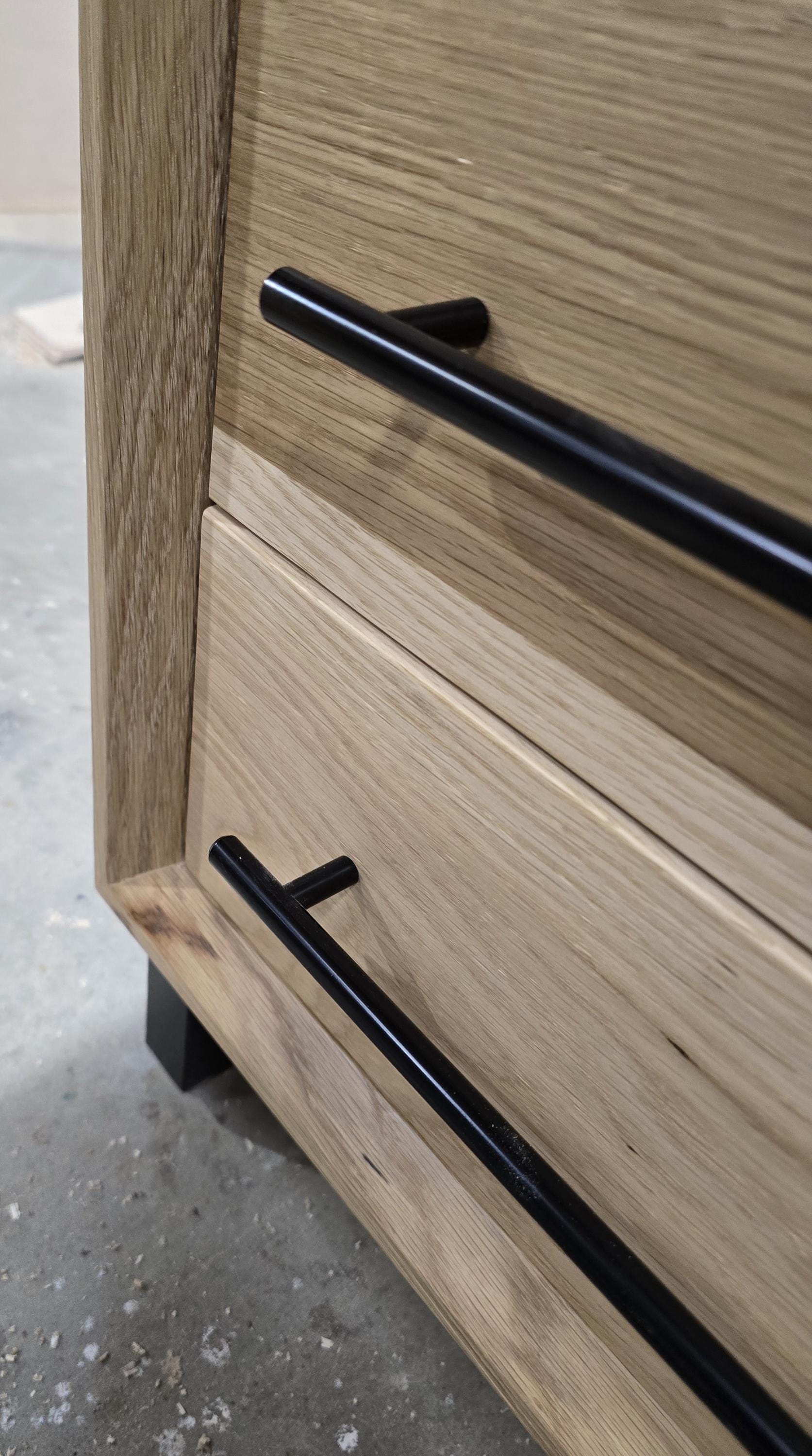 handcrafted Modern Industrial 6 drawer Chest of drawers in white oak 49t x 30w x 15d with Steel Legs and Adjustable Feet