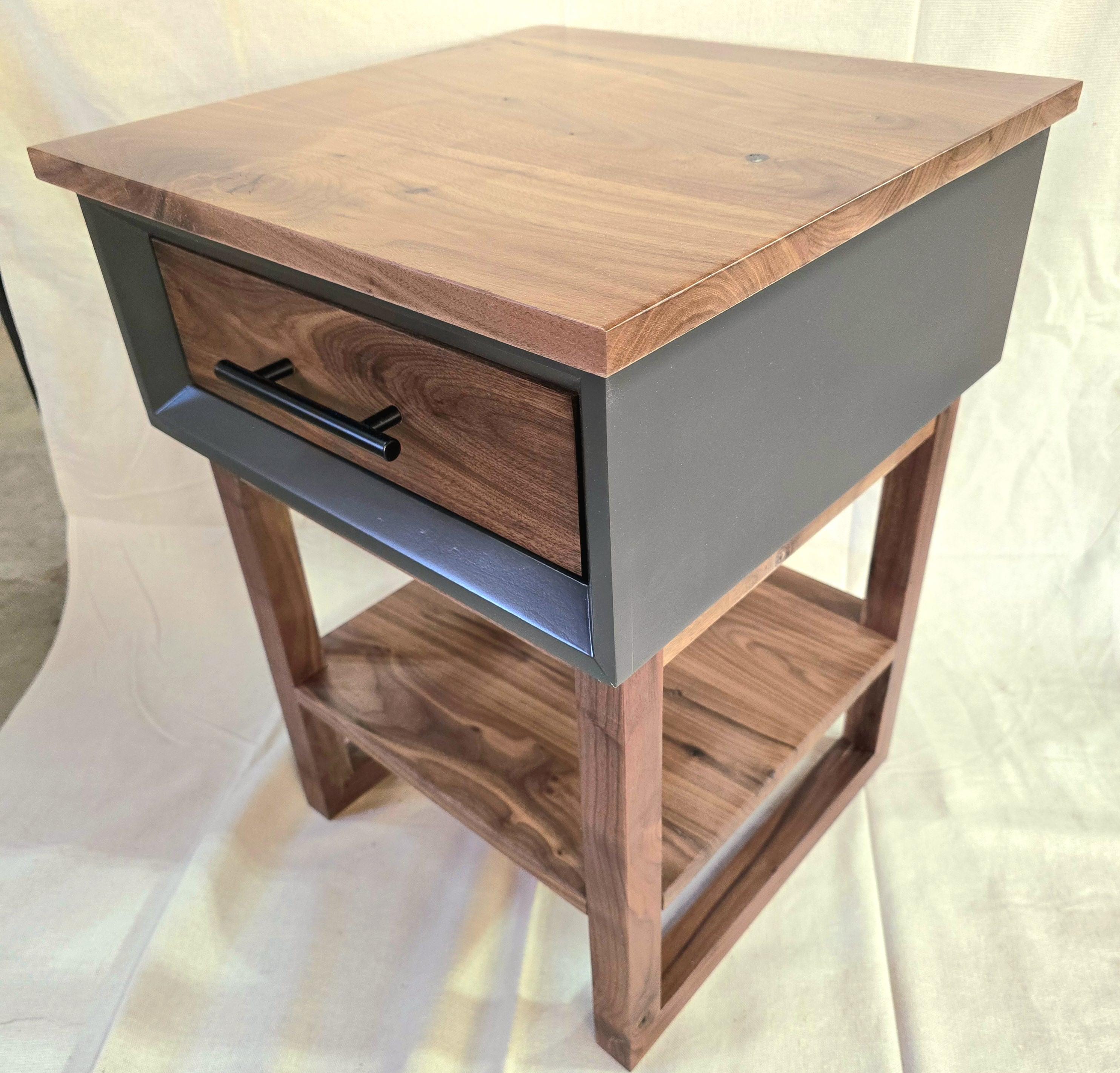 handcrafted single drawer nightstand with real walnut and iron painted shell