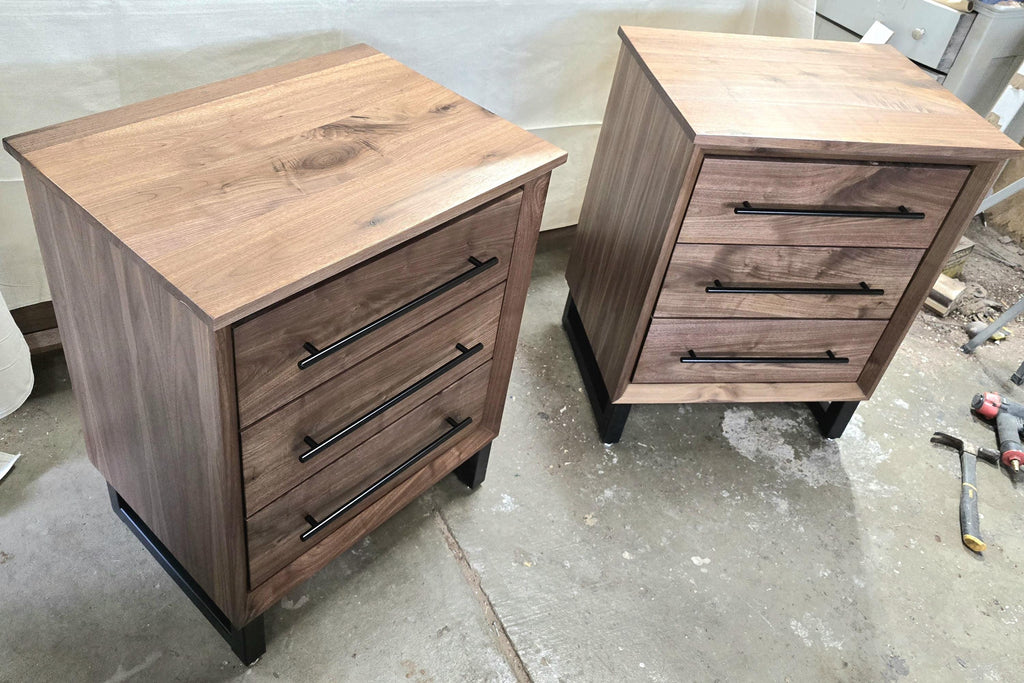 handmade pair of 24w x 30t x 18d walnut 3 drawer nightstand in modern industrial style