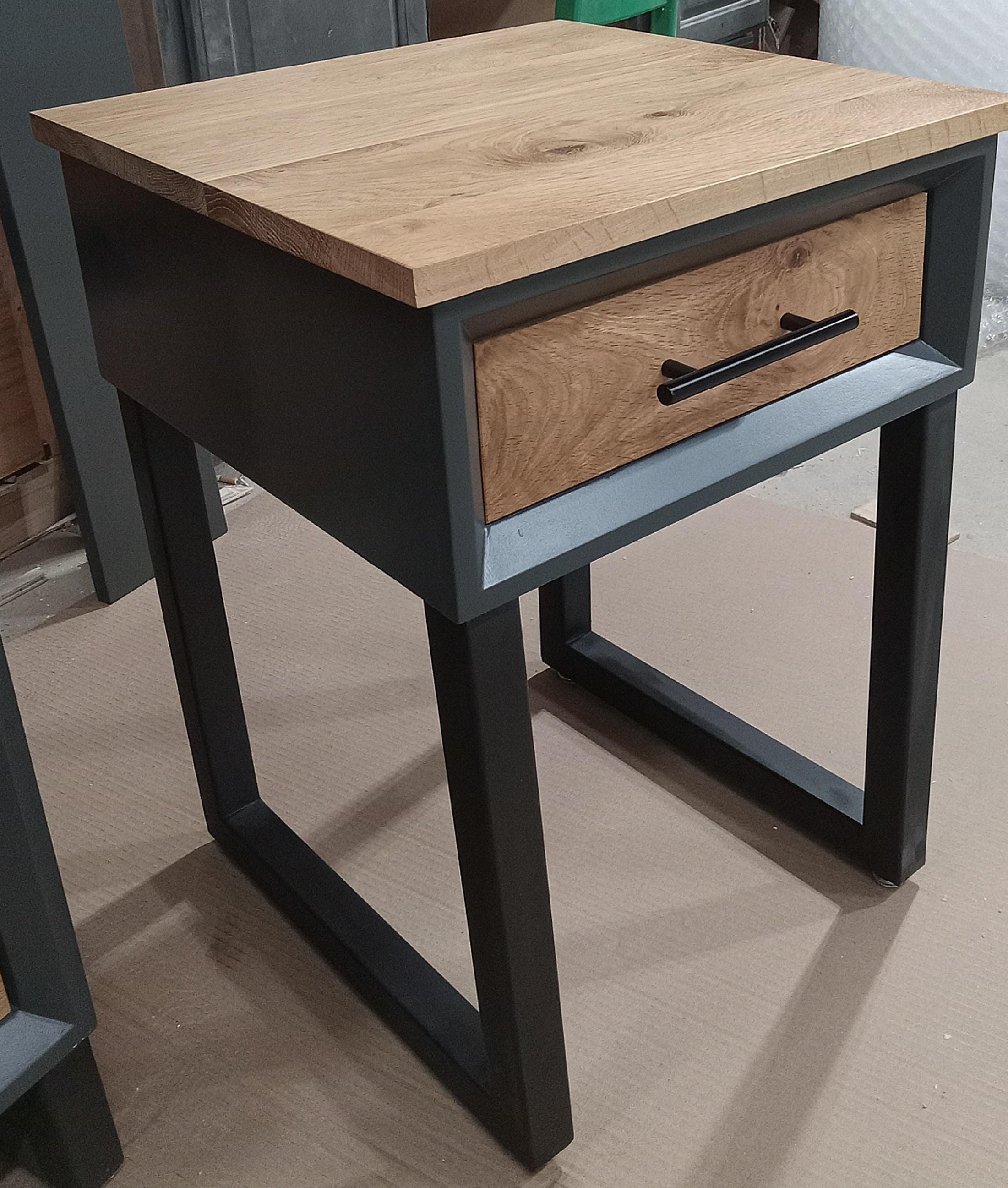 handmade 18 x 18 x 24t nightstands with white oak drawer front and top on steel legs