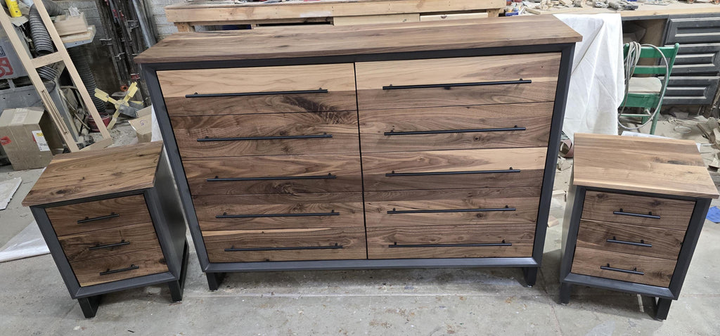 handcrafted 10 drawer 42 x 60 x 18 real walnut dresser and 2 18 x 18 x 24 3 drawer nighstand set with room of choice delivery 2200.00