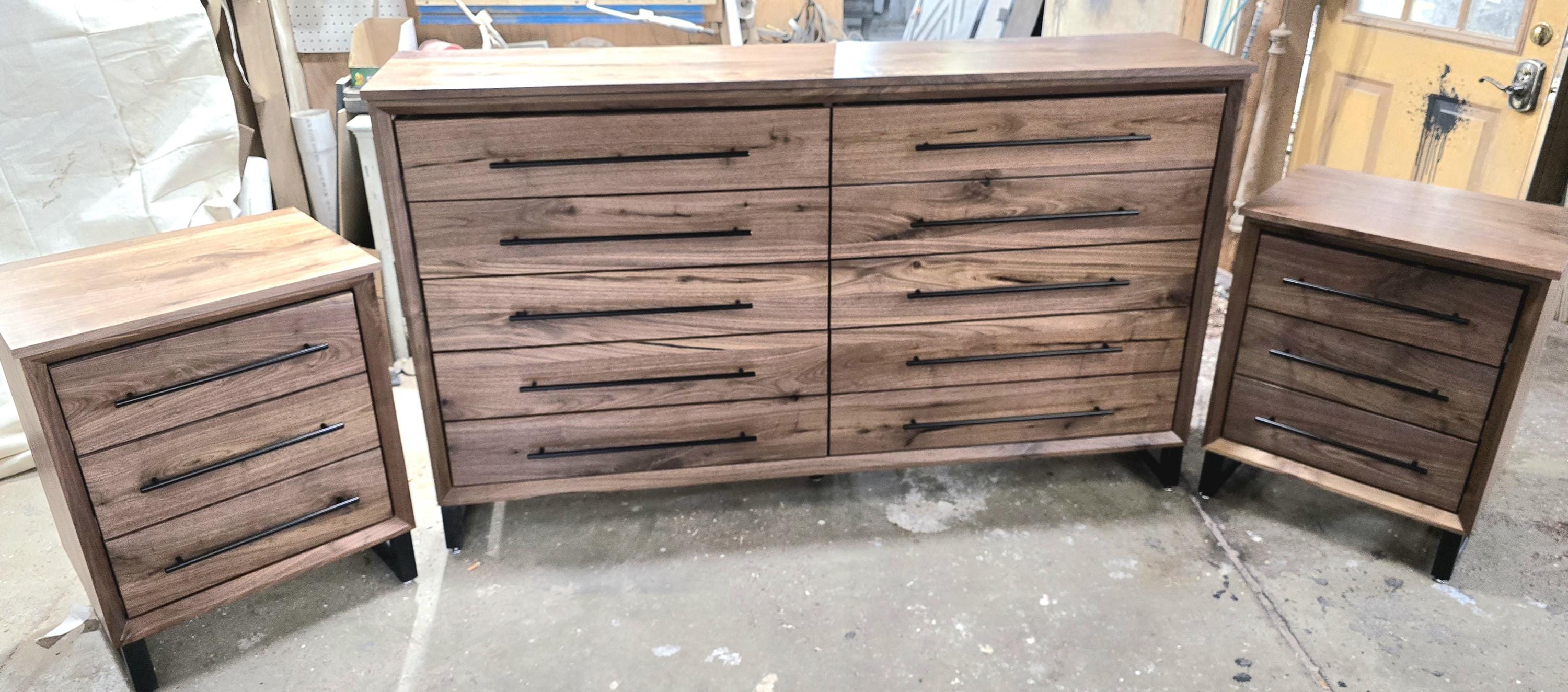 handcrafted 72w x 42t x 17d modern industrial walnut 10 drawer dresser.