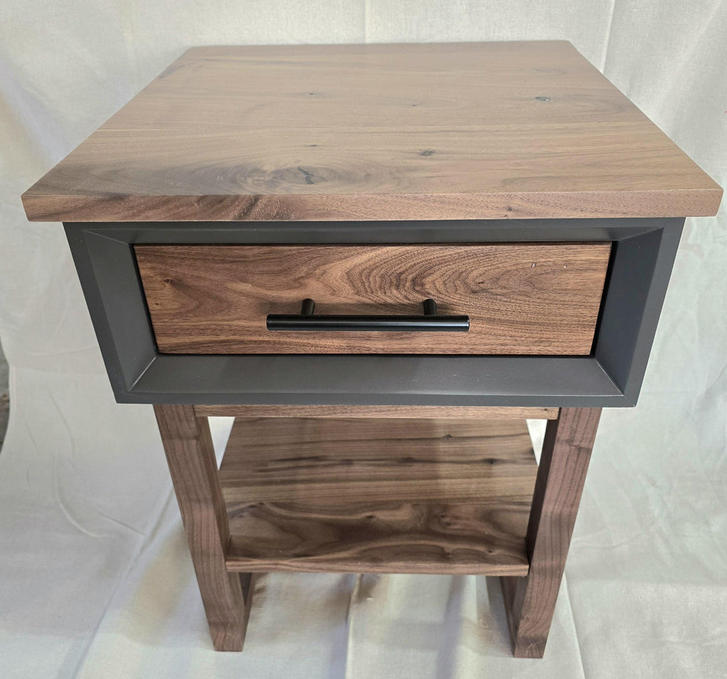 handcrafted single drawer nightstand with real walnut and iron painted shell