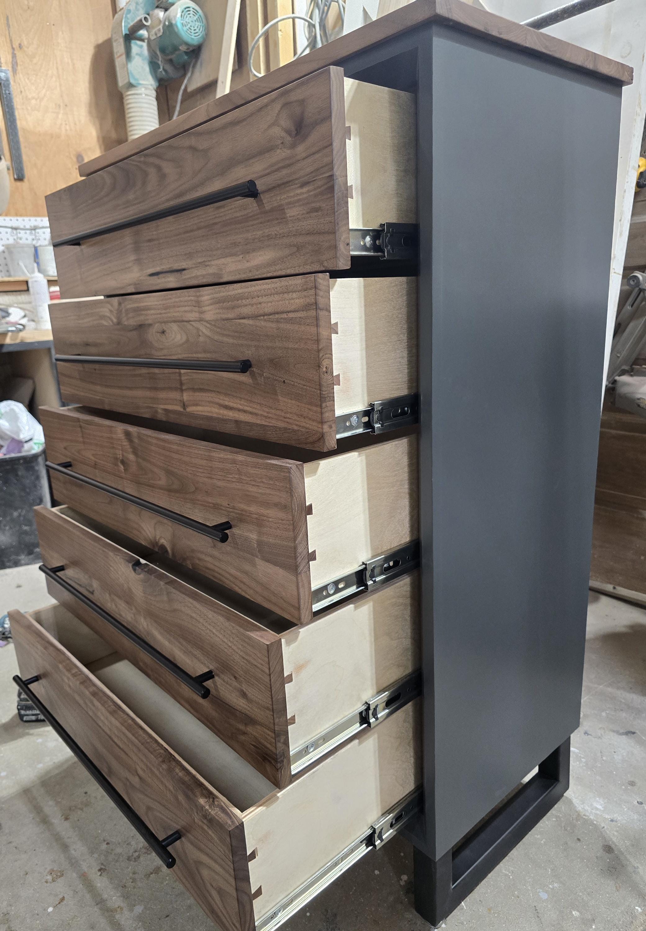 handcrafted modern bedroom sets (dresser and nightstands) in walnut or white oak in dark Grey or white on steel legs starting at 1200.00