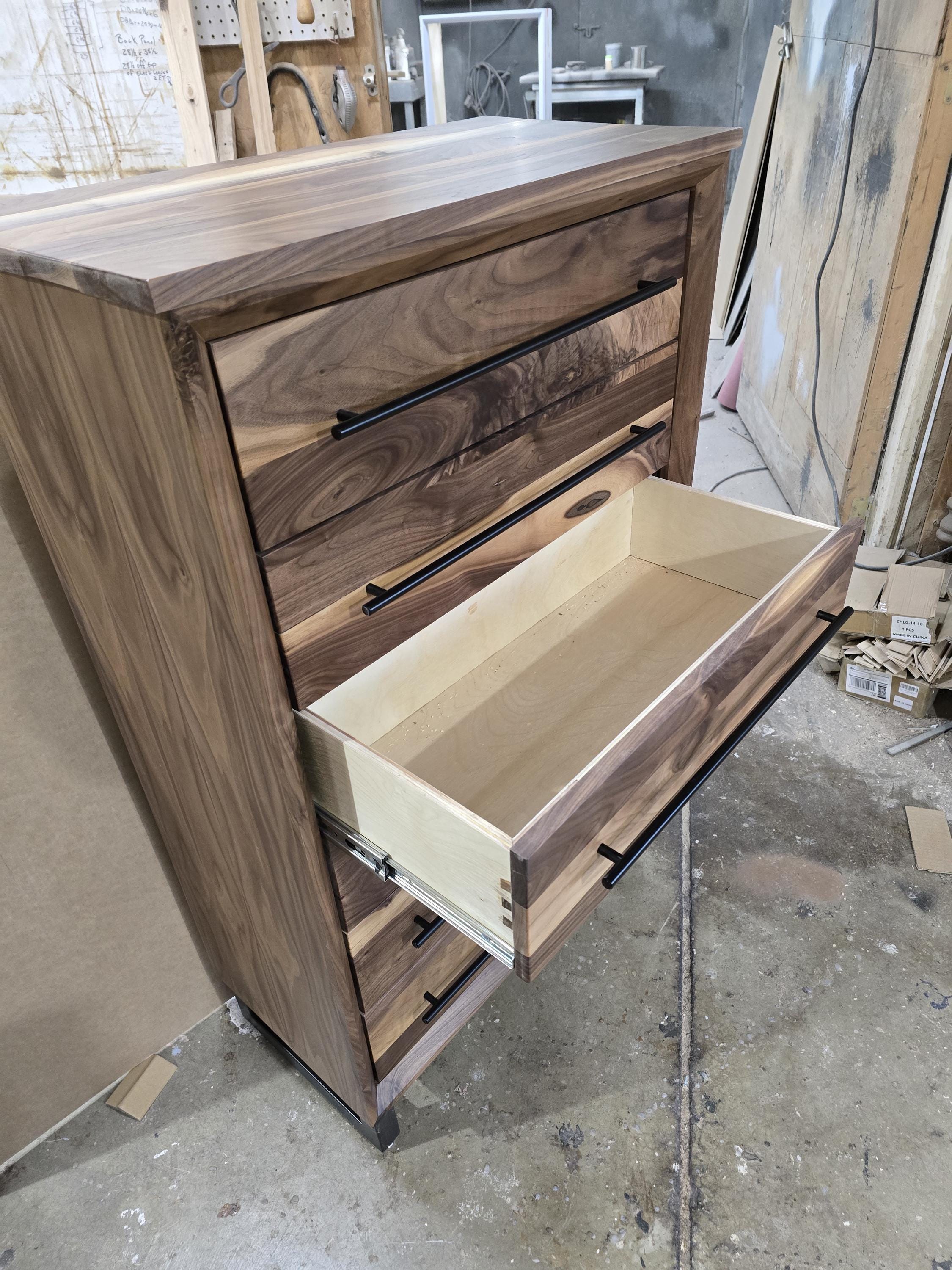Handcrafted Modern Industrial 6 drawer Chest of Drawers in real walnut 49t x 30w x 18d with Steel Legs and Adjustable Feet
