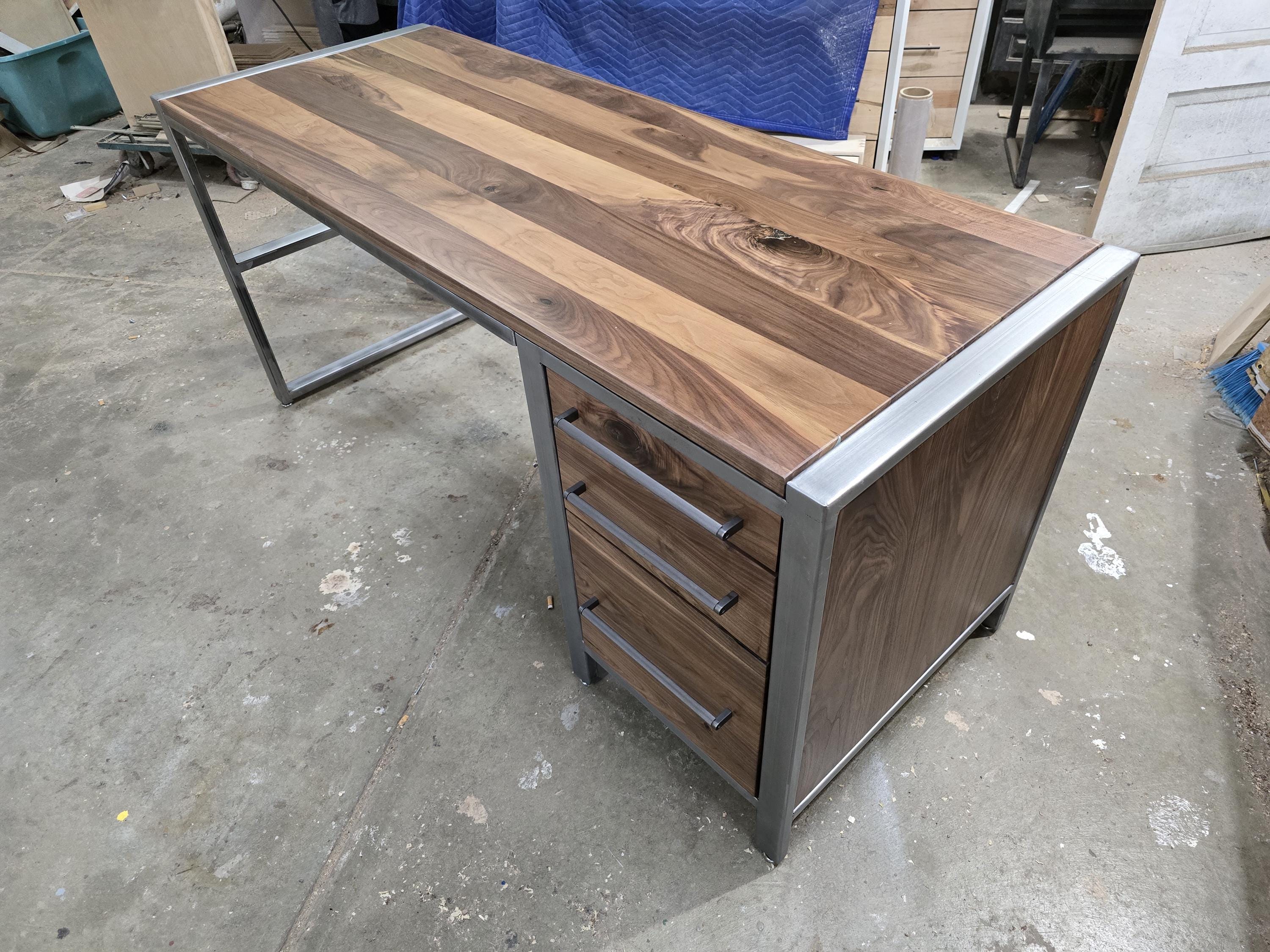 handcrafted modern industrial executive desk made with clear coated steel and natural real walnut 72w x 26d x 30t