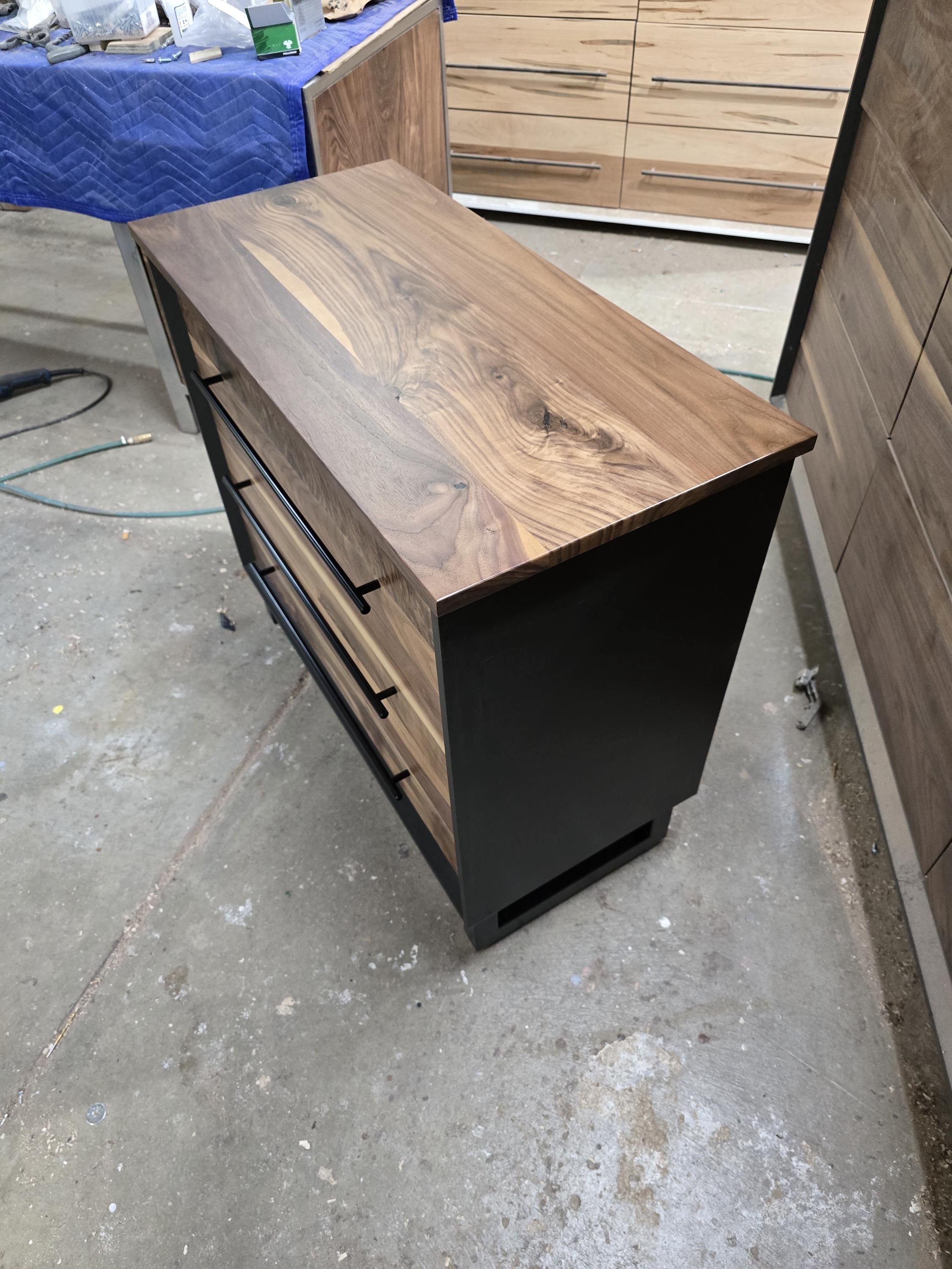 small 3 drawer dresser/nightstand with real walnut shown in black with steel legs (other options available) 34w x 30t x 16d
