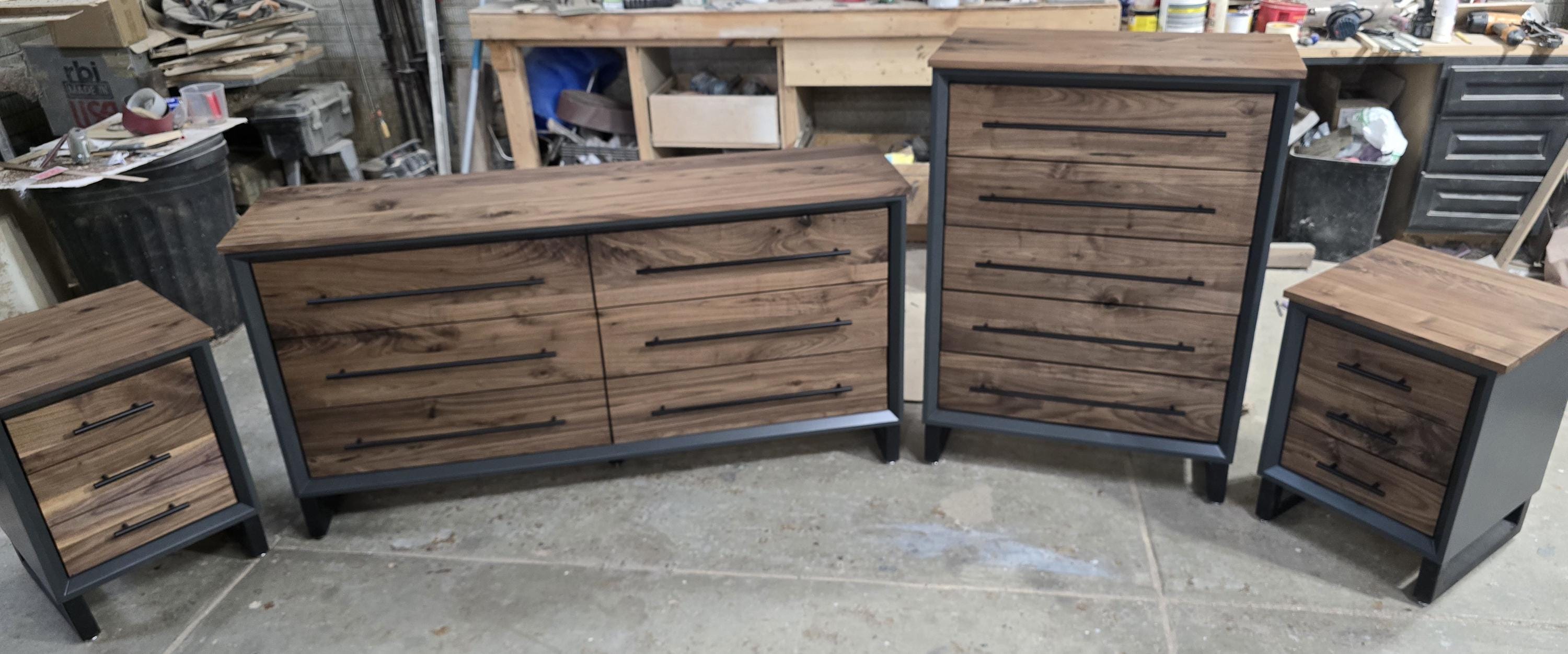 Hand Crafted to order 5 foot  6-Drawer Modern Industrial Dresser with real Walnut Drawer Faces and top room of choice delivery included