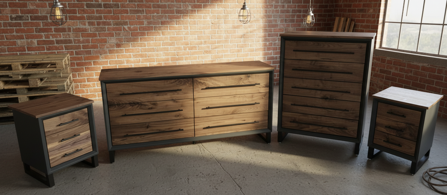Hand Crafted to order 5 foot  6-Drawer Modern Industrial Dresser with real Walnut Drawer Faces and top room of choice delivery included