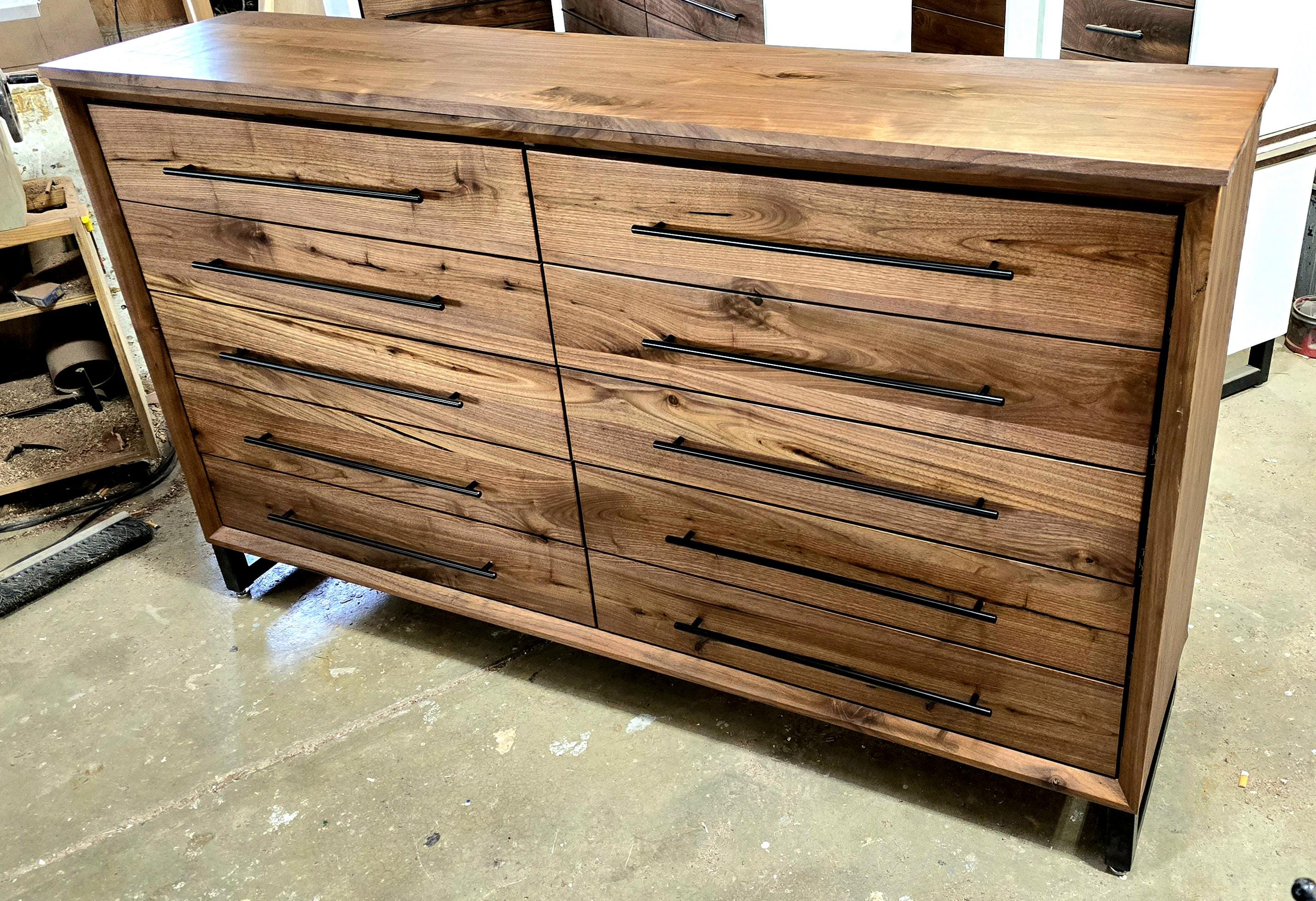 handcrafted 72w x 42t x 17d modern industrial walnut 10 drawer dresser.