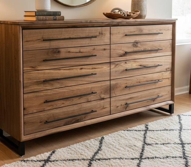 handcrafted 72w x 42t x 17d modern industrial walnut 10 drawer dresser.