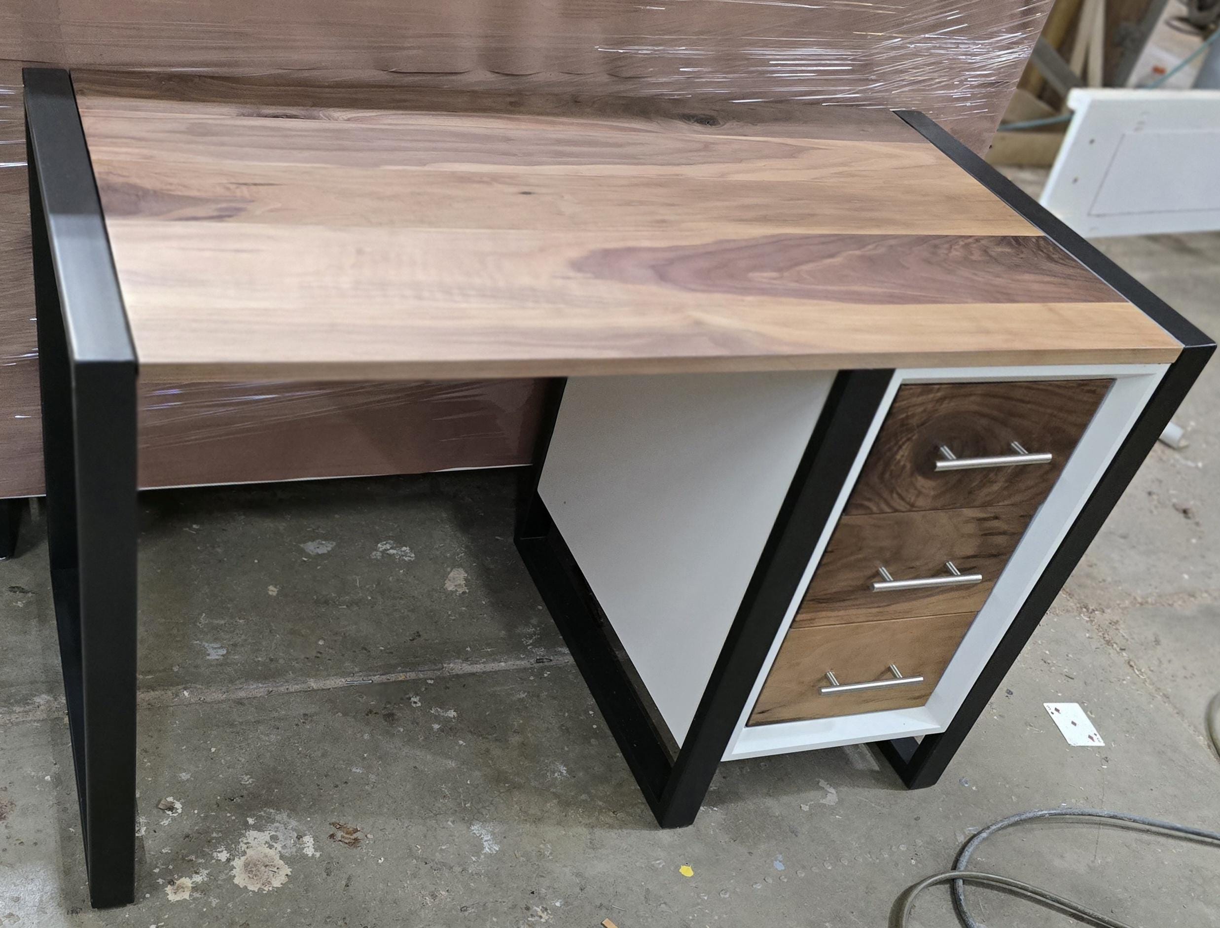 4ft wide 3 drawer modern desk with real walnut top and steel legs (shown in white) variations available.