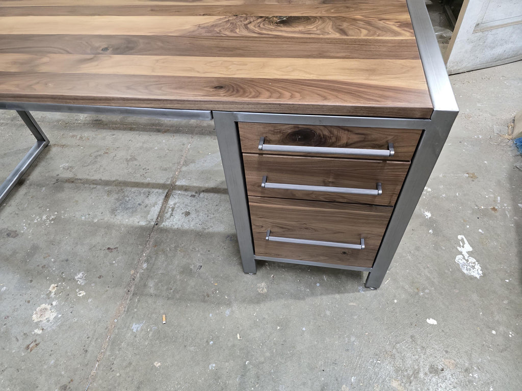 handcrafted modern industrial executive desk made with clear coated steel and natural real walnut 72w x 26d x 30t