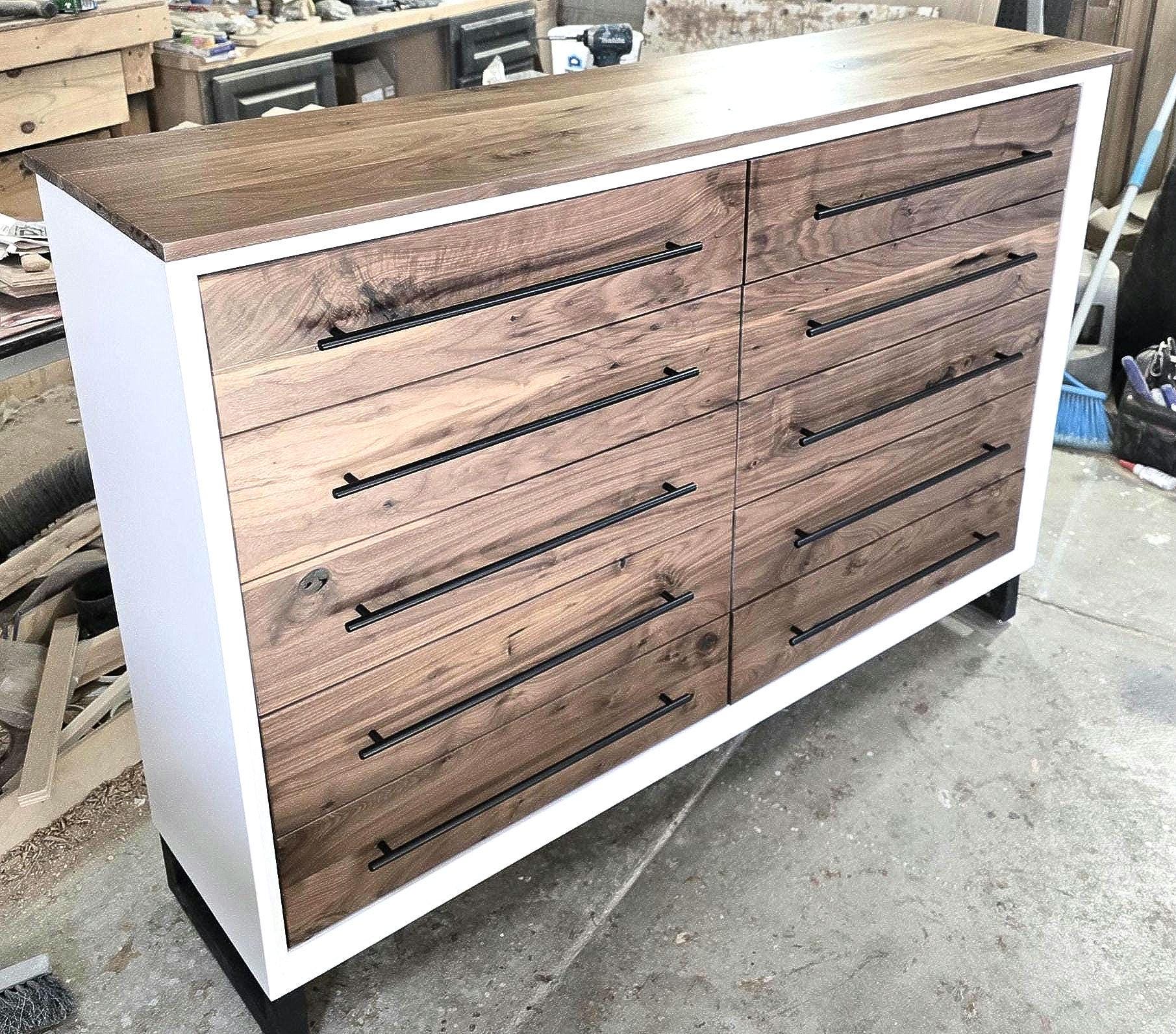Hand Crafted 5 foot 42"tall  10 Drawer Modern Industrial Dresser with real Walnut Drawer Faces and top room of choice delivery included.