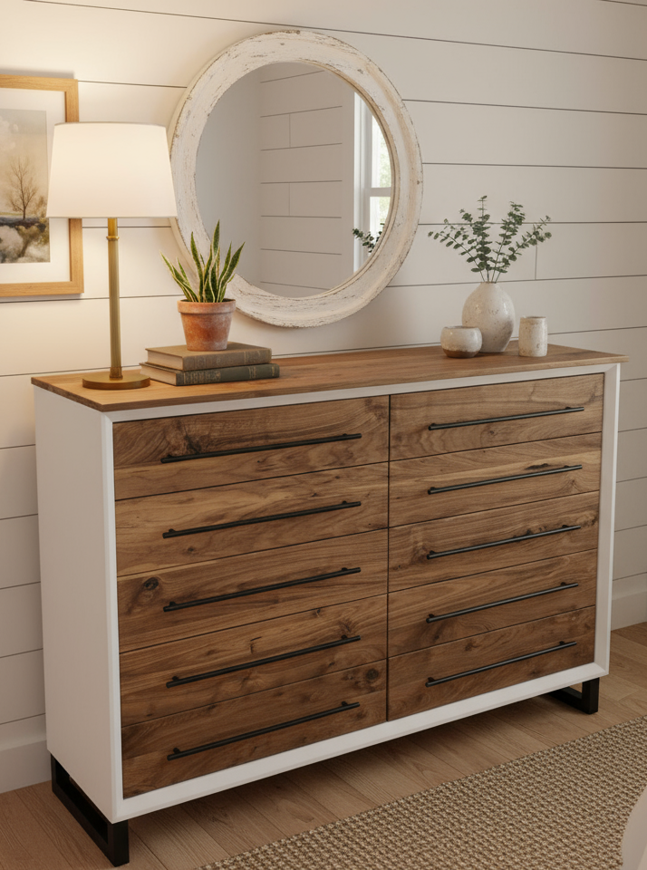 Hand Crafted 5 foot 42"tall  10 Drawer Modern Industrial Dresser with real Walnut Drawer Faces and top room of choice delivery included.