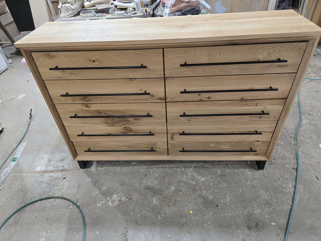 Hand Crafted 5 foot 42"tall 18 deep  10 Drawer Modern Industrial Dresser made of white oak on steel legs with adjustable feet